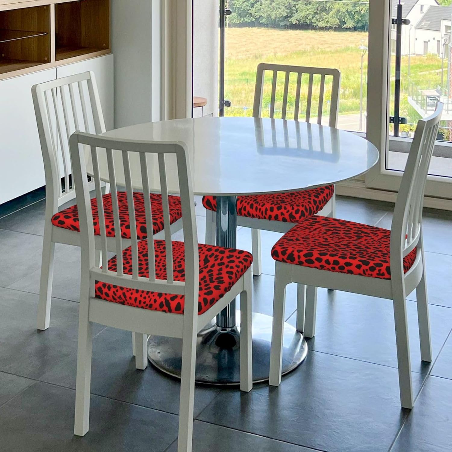 Red Leopard Pattern Print Square Cushion Covers 6 Pcs Set Elastic Non-Slip Seat Cushion Slipcovers Pet Furniture Protectors for Chair, Sofa