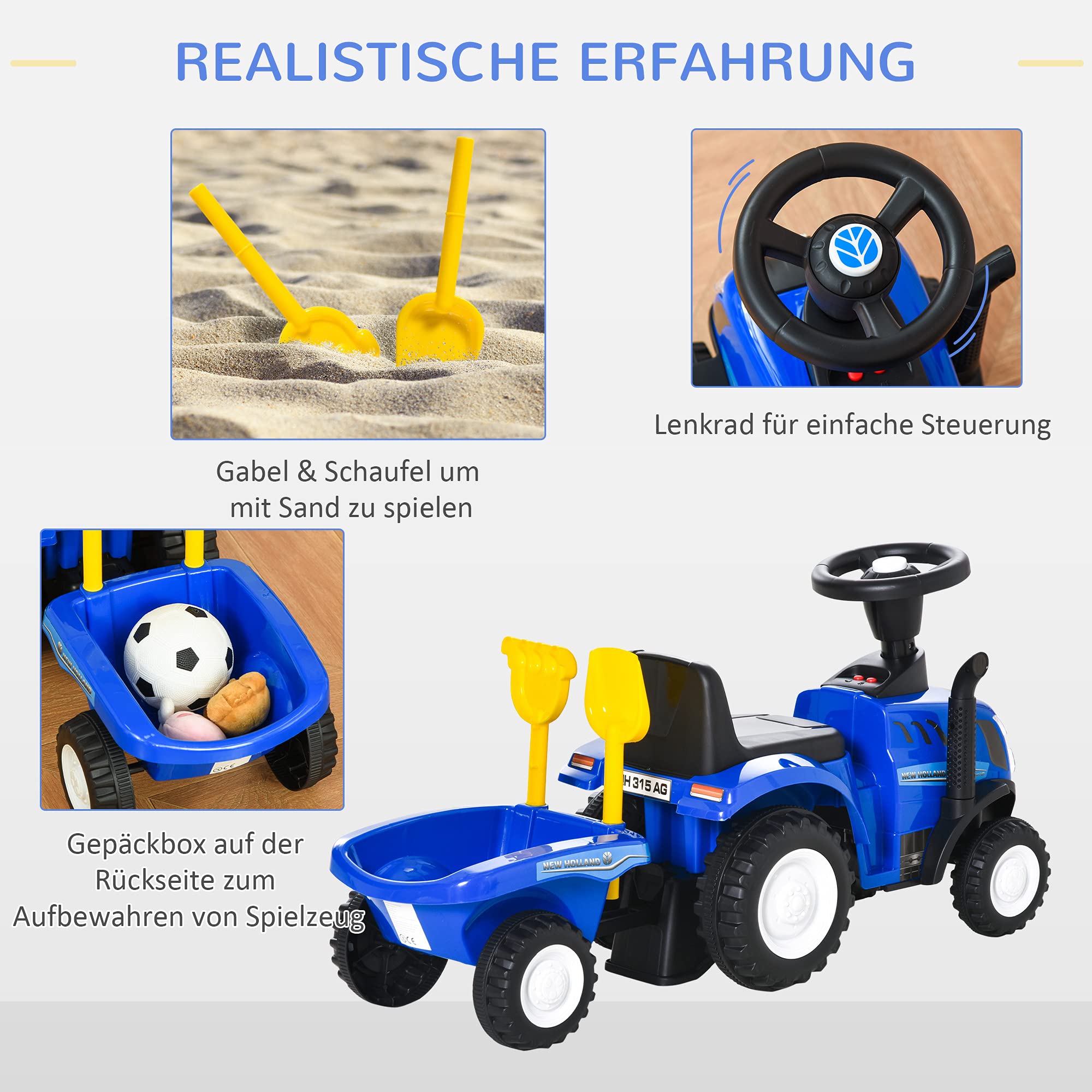 HOMCOM dzieci jeździk NEW HOLLAND pchacz auto dziecięce pojazd dziecięcy klasyczny samochód chodzik z klaksonem tworzywo sztuczne metal niebieski 91 x 29 x 44 cm