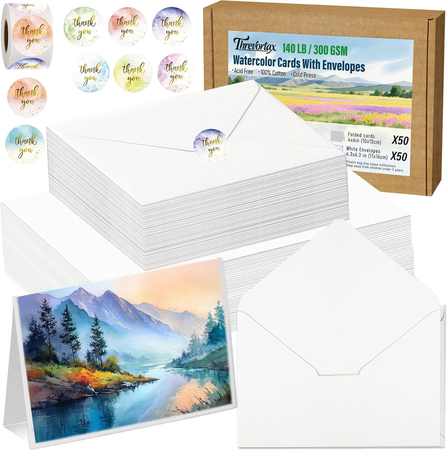 50 Pack Blank Watercolor Cards with Envelopes 4 x 6 Inch 140lb/300GSM 100% Cotton Heavyweight Foldable Water Color Cardstock, Acid-Free Watercolor Cards to Paint for Christmas Birthday
