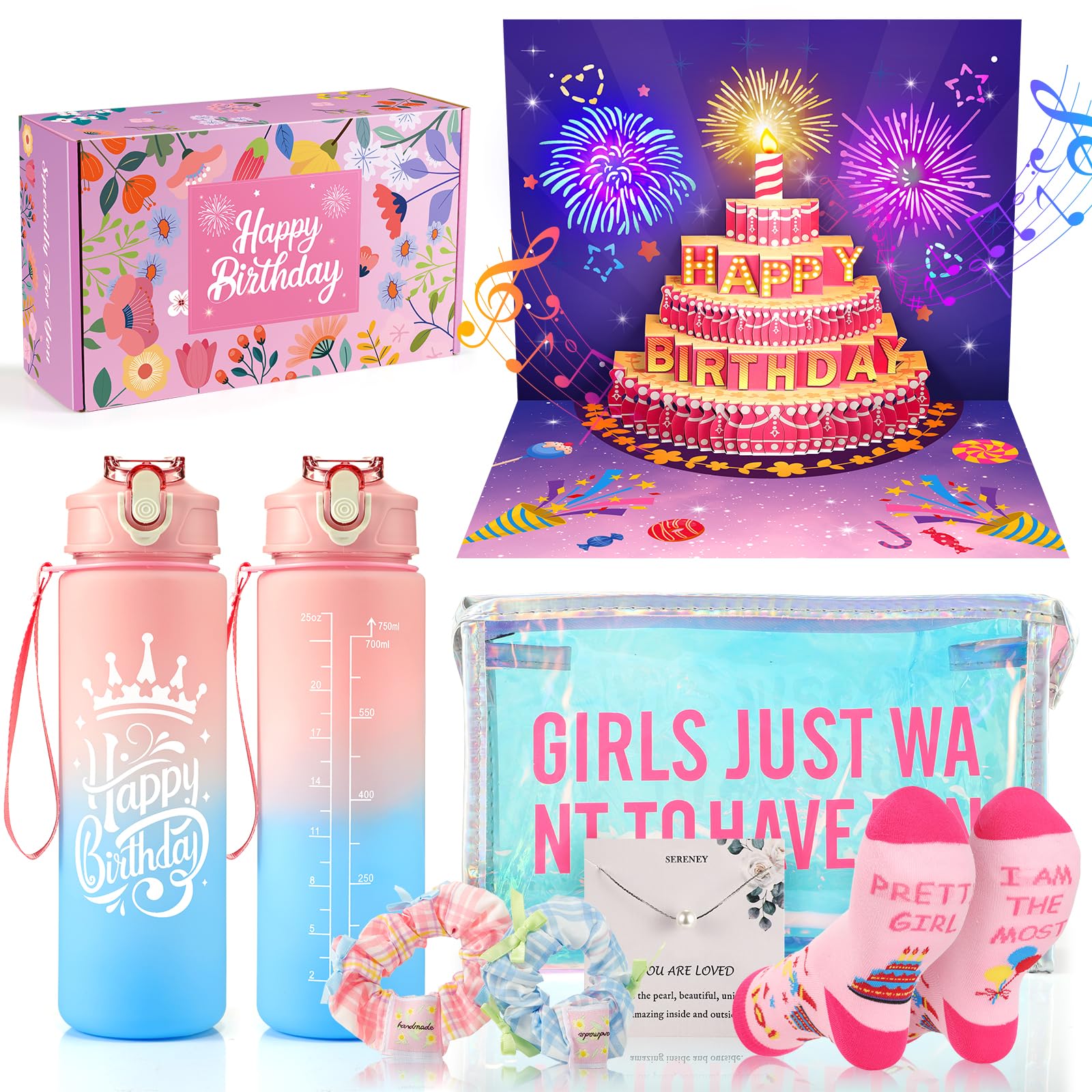 Dromlag Birthday Gift Box for Girls Aged 6-15, 8-Piece Set with Water Bottle, Pop-Up Musical Cake Card, Pearl Necklace, Makeup Pouch, Socks, and Hair Scrunchies