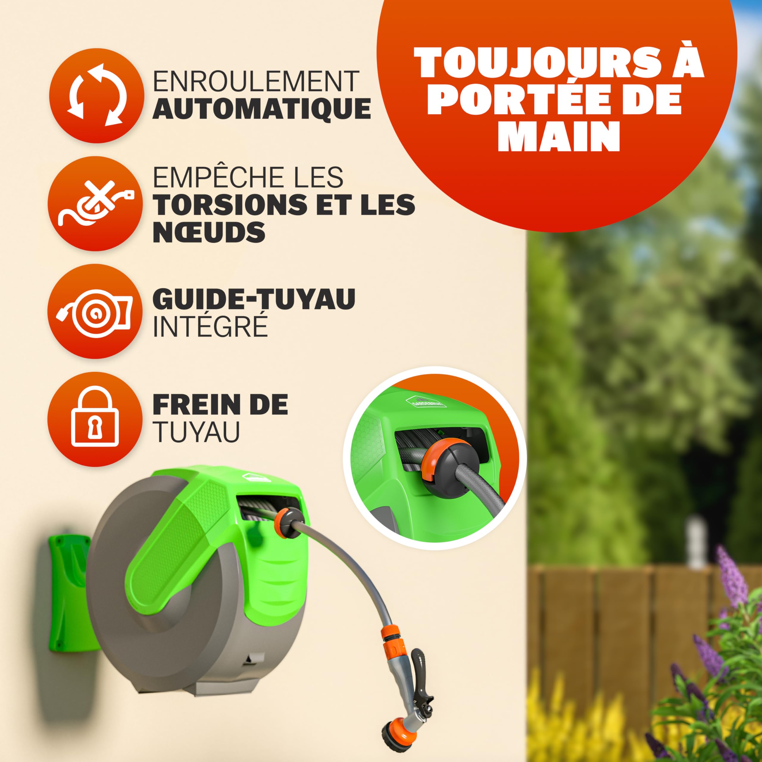 GARDEBRUK® Dévidoir enrouleur de tuyau d'arrosage automatique 20m + 2m support mural 1/2' buse multijet 7 fonctions enrouleur arrosage jardin