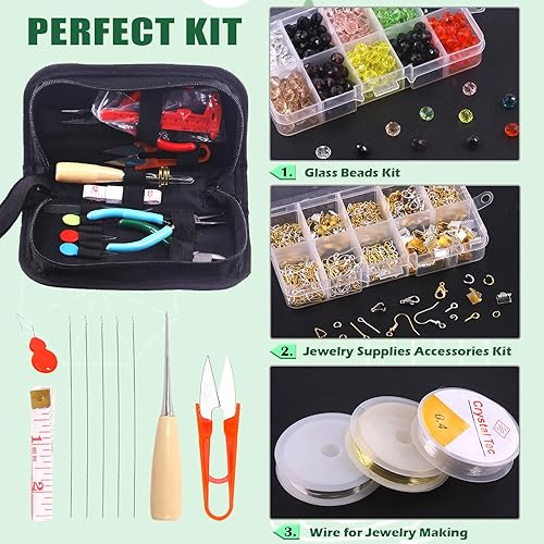 Miniatura 4 de Keadic El kit de 1250 piezas de suministros para fabricación de joyas contiene 10 colores de cuentas de cristal de cristal, alicates de joyería,