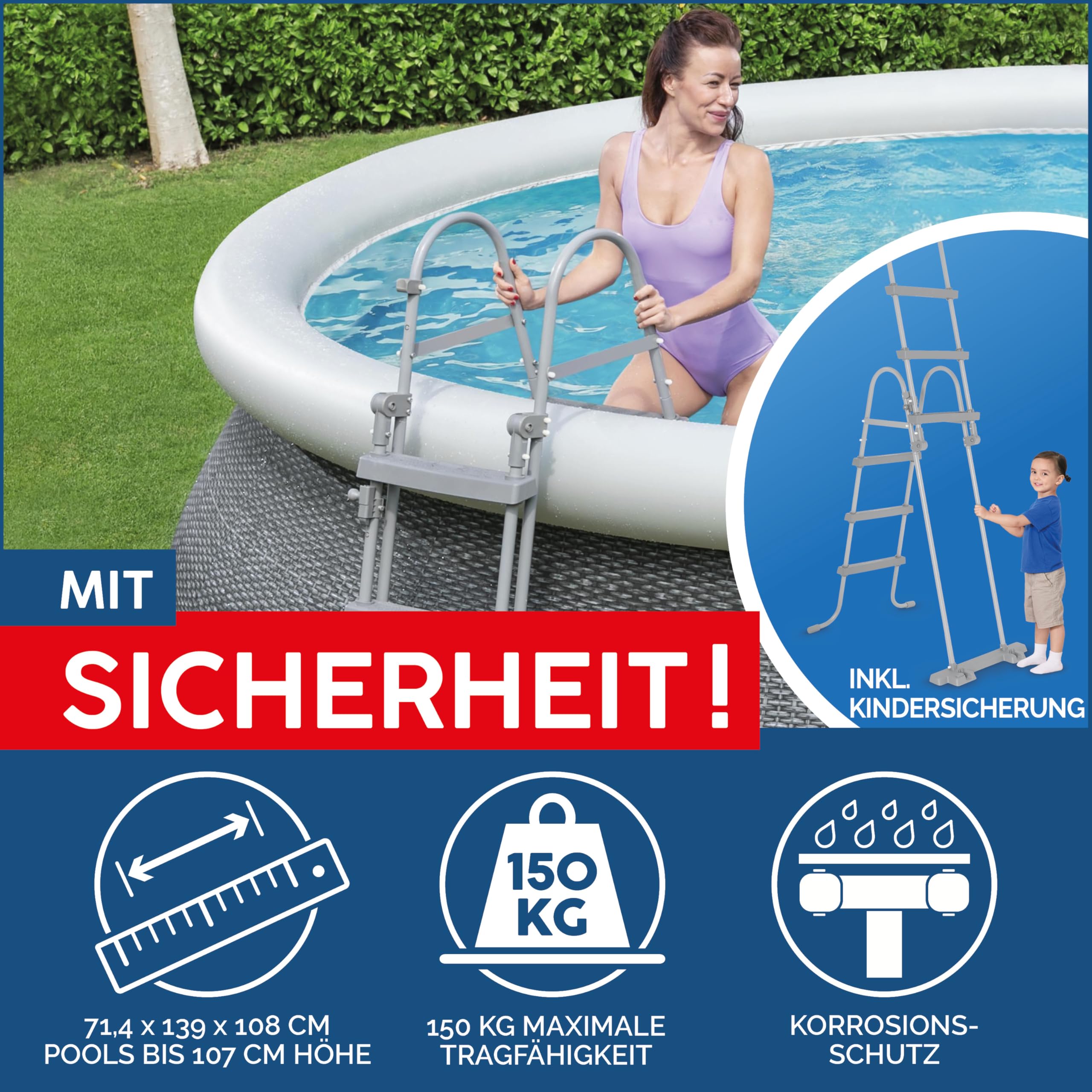 Bestway Fast Set Pool, 457 x 107 cm, Komplett-Set mit Filterpumpe, rund, graue Rattan-Optik