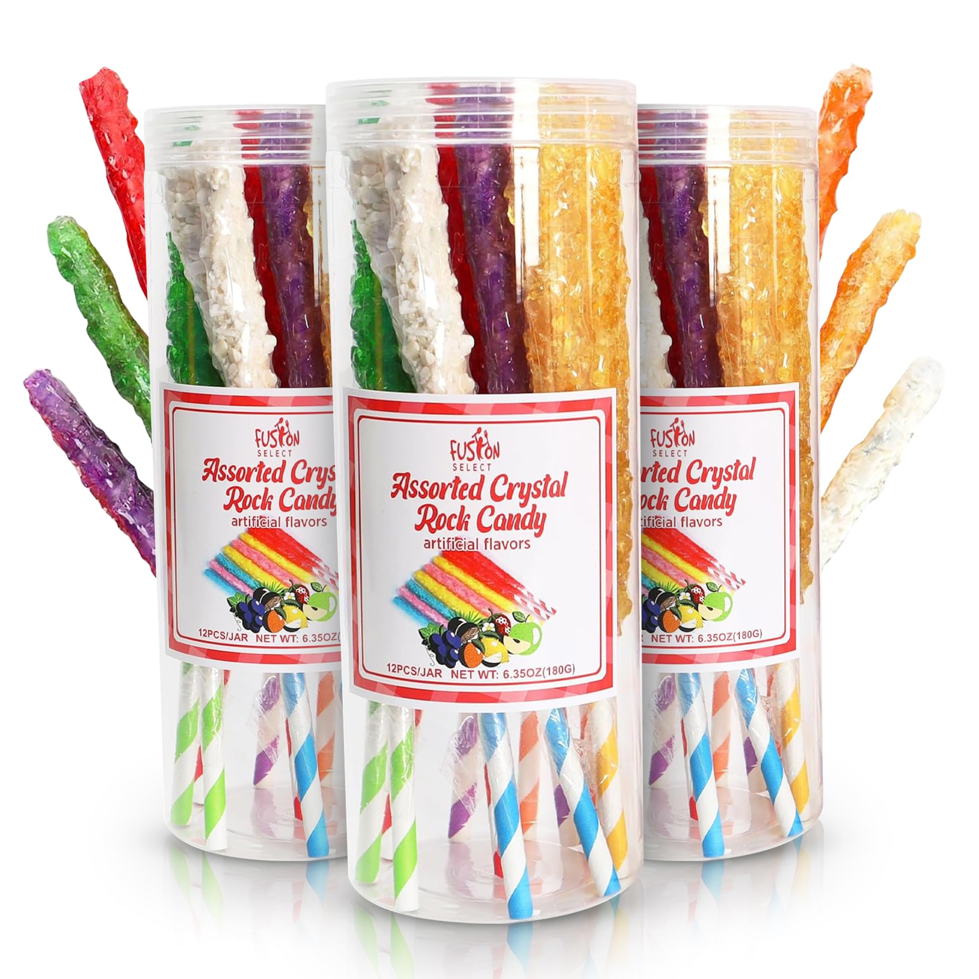 Fusion Select 36 Crystal Rock Candy Sticks - Sweet Hard Sugar Lollipop Snacks with Strong Flavors - Assorted Large, Individually Wrapped Candies -