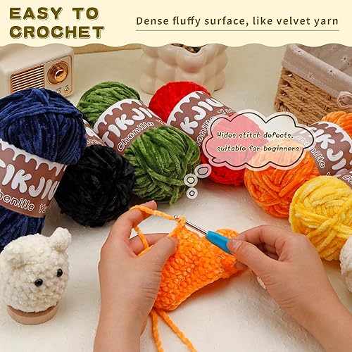 Miniatura 5 de Tikjiua Hilo de felpilla negro de 7 onzas para ganchillo, hilo grueso de felpilla con marcadores de costura, hilo de felpilla grueso para bufanda,