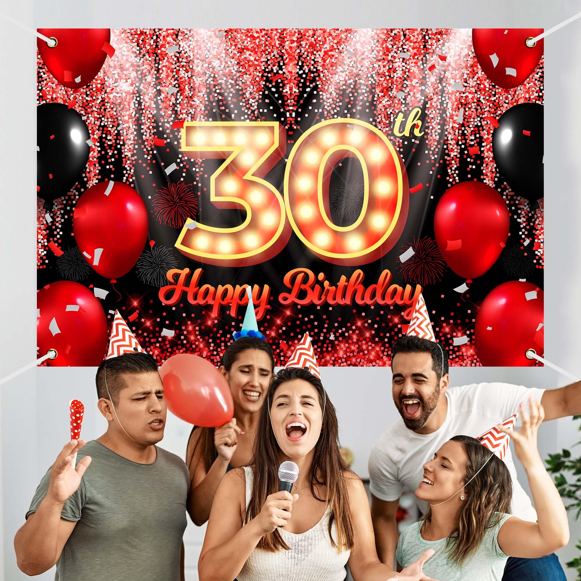 Pancarta de fondo de feliz 30 cumpleaños, fondo temático negro y rojo con neón brillante, fiesta de cumpleaños, fotografía, fondo para hombres y mujeres, celebración, 71 x 47.2 pulgadas BECKTEN