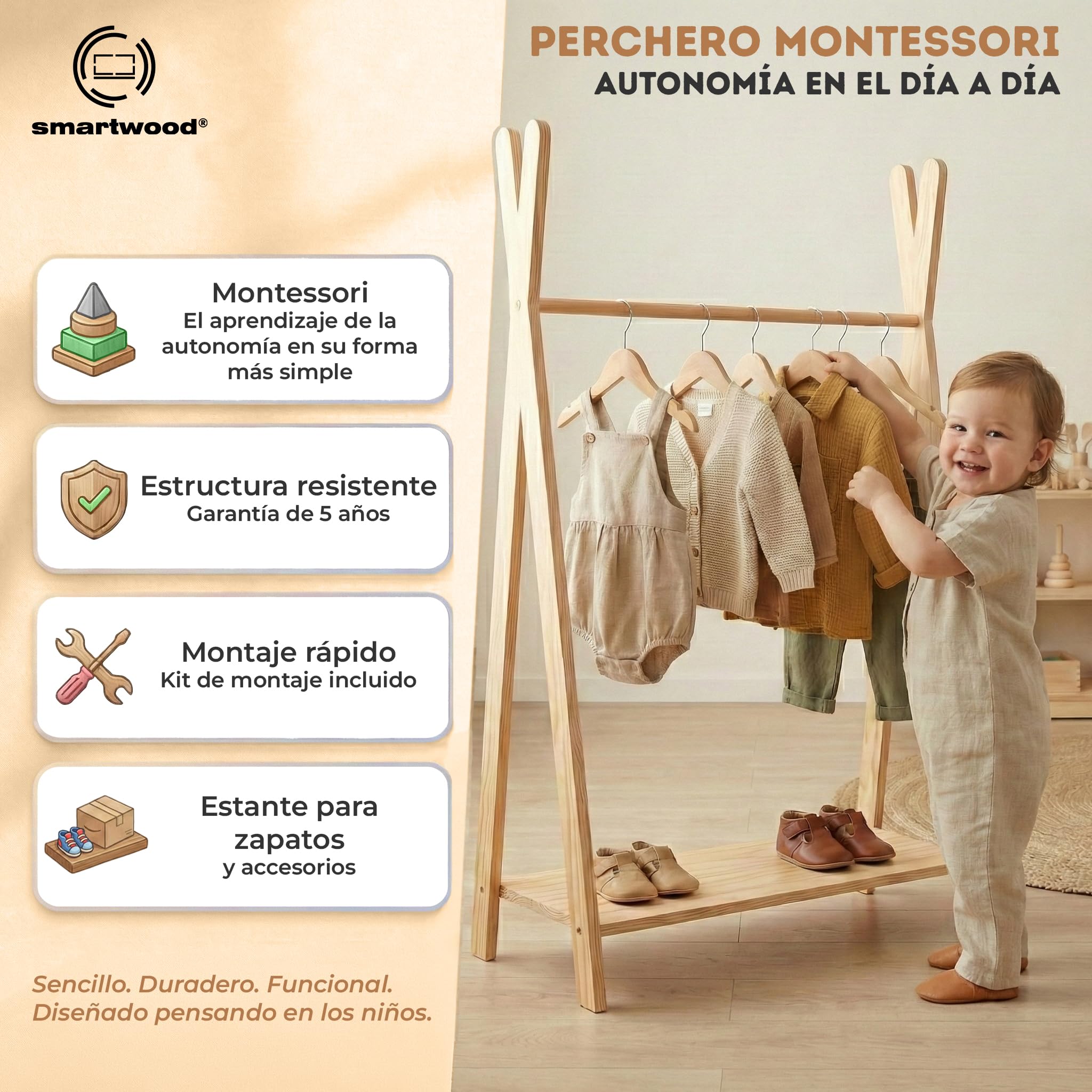 Perchero de Pie TIPI M 97x63x36 cm Burro Ropa Montessori Contrachapado de Pino FSC Barra para Ropa Estante Capacidad de Carga 30 kg