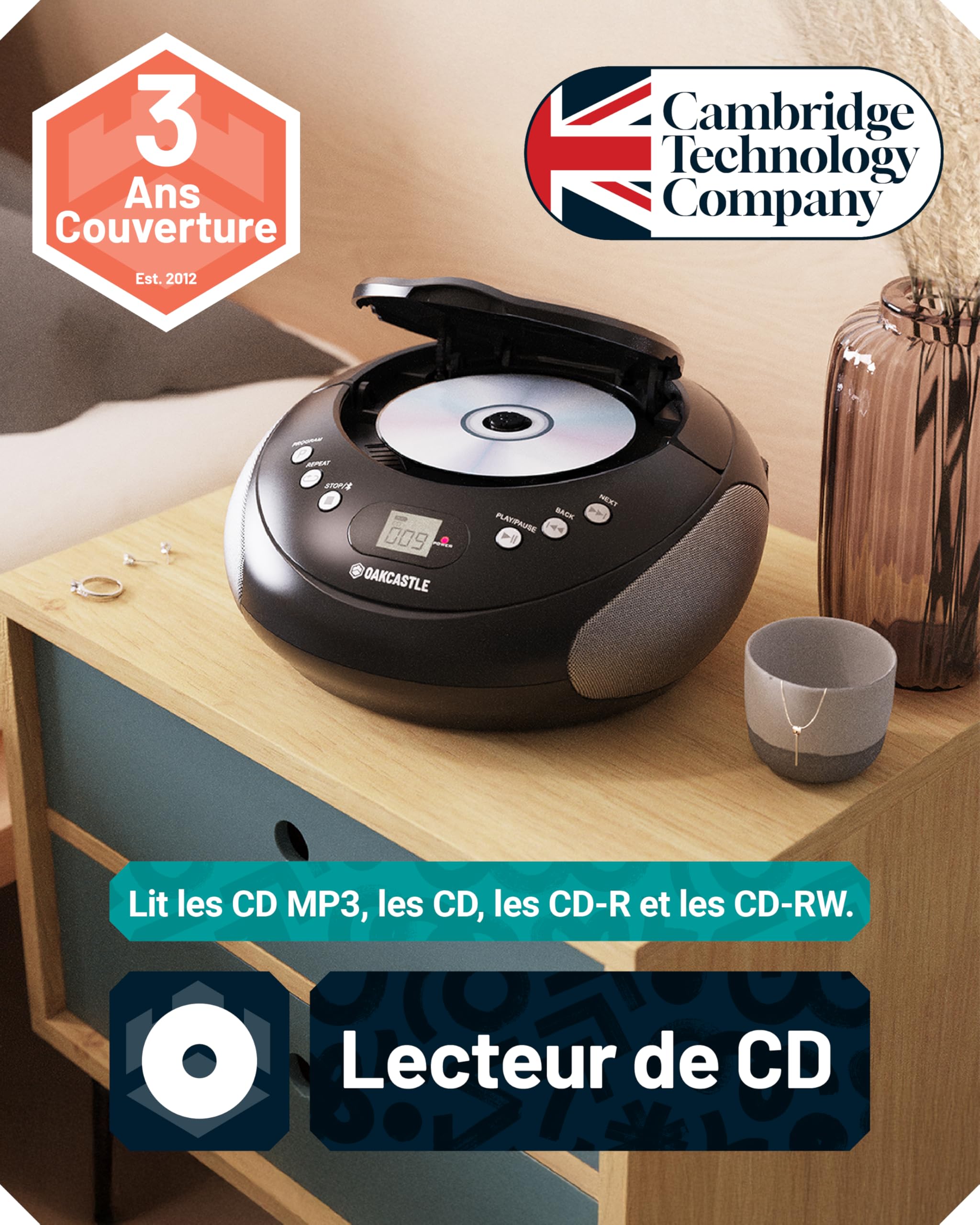 Boombox CD Bluetooth Portable avec Radio FM | CD, CD-R, CD-RW | 30 présélections | Commandes faciles, écran LED, Prise Casque | OAKCASTLE CD250 (Noir)