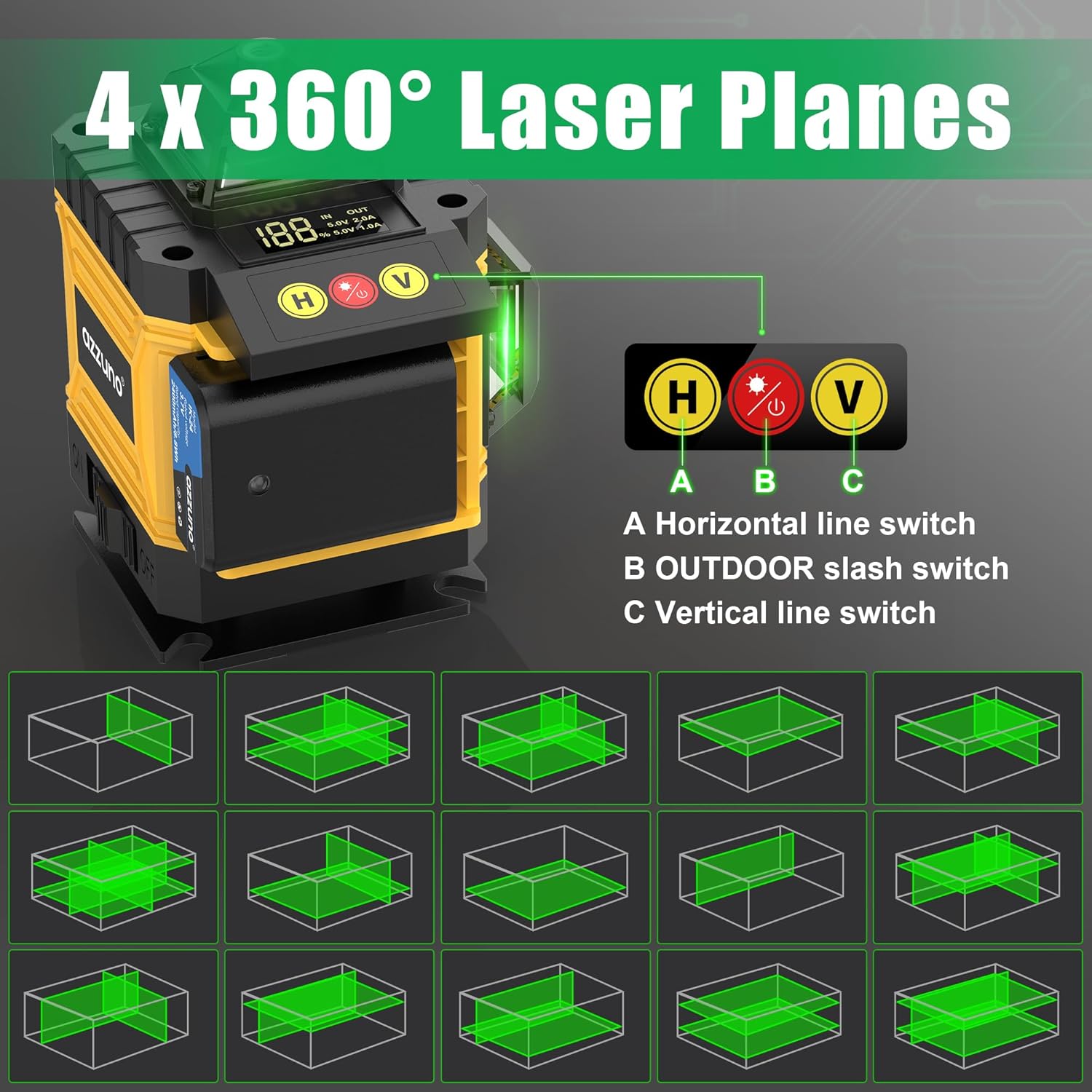 AZZUNO Laser Level 360 Self Leveling Green Beam with LCD Screen, 4x360 lazer leveler tool, Rechargeable Battery & Magnetic Base - Ideal for Construction, Tiling,yellow
