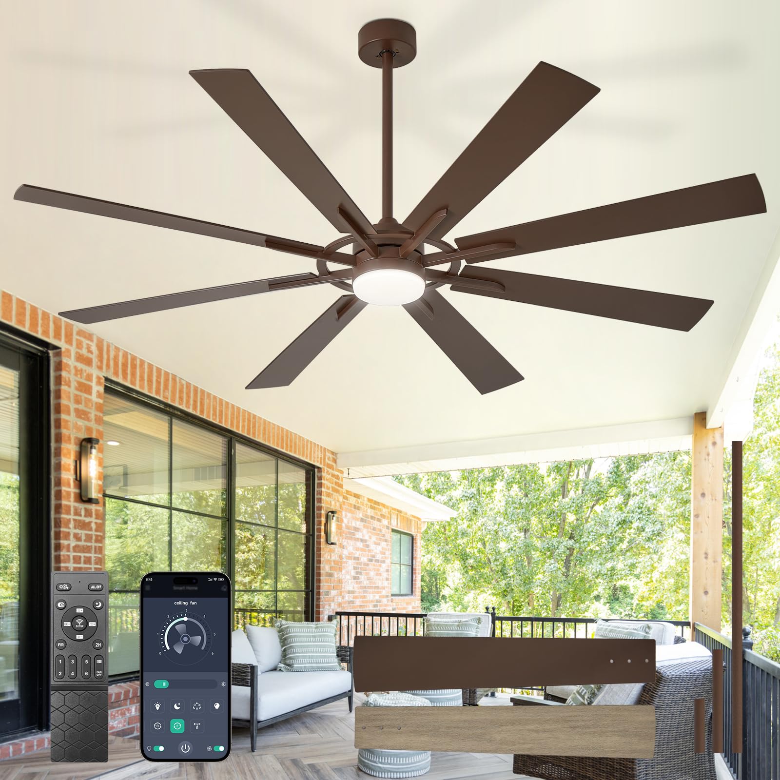 Depuley Grands ventilateurs de plafond avec éclairage: Ventilateur de plafond d'extérieur de 72 pouces à 8 pales avec télécommande - Grand ventilateur marron avec éclairage