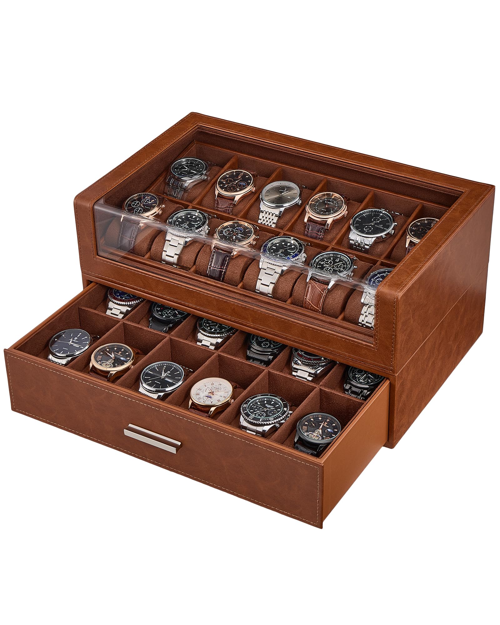 ProCase Caja de Reloj con 12 Ranuras con Tapa Transparente, Caja de Reloj de Cuero PU para Hombre con Cajón, Caja de Almacenamiento de Reloj para Hombre -Marrón | Organizador de relojes y joyas de piel sintética de gran capacidad con tapa acrílica y cajón