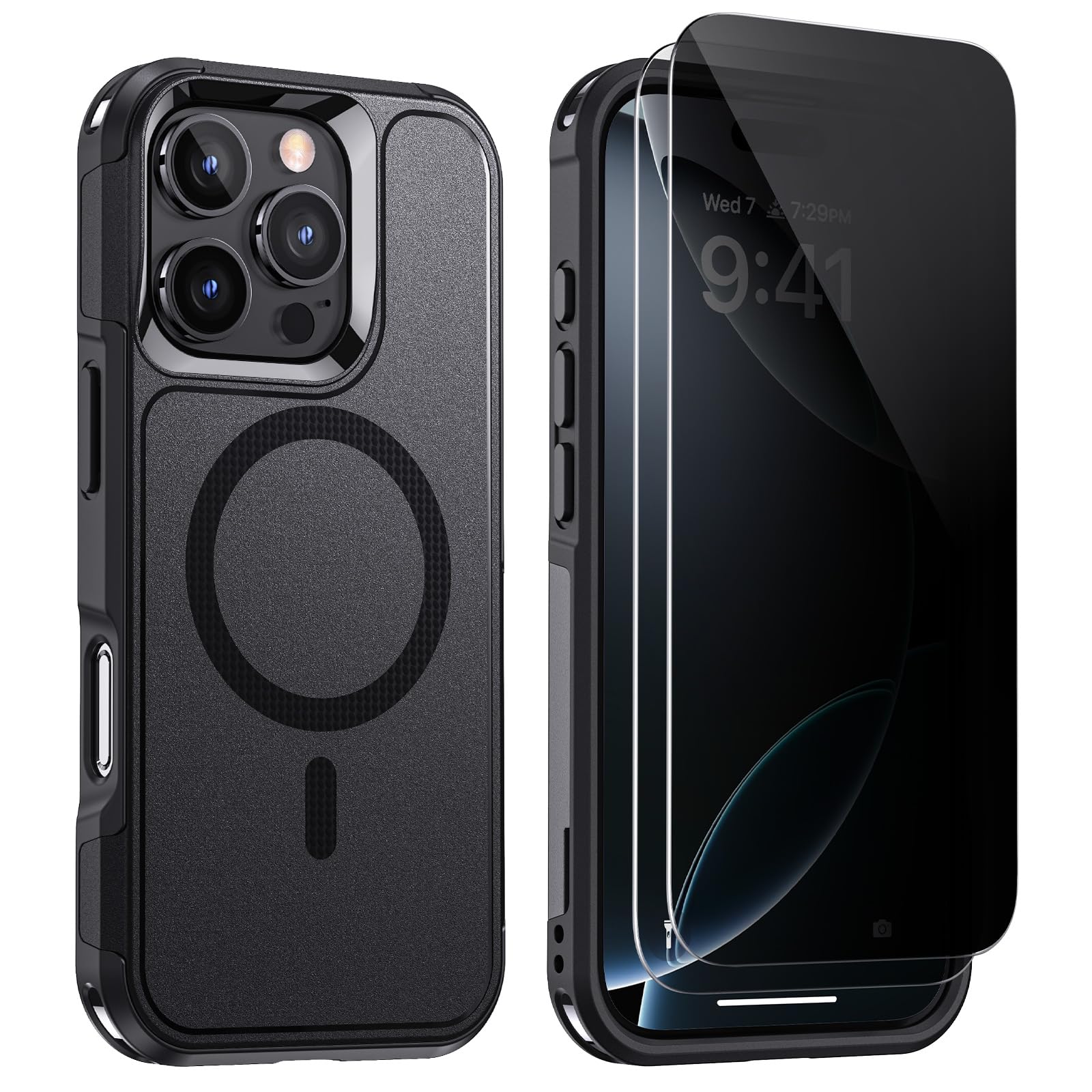 Lanhiem Magnetic for iPhone 16 Pro Max Case, with [2 Pcs Privacy Screen Protector] [Compatible with MagSafe] Shockproof Heavy Duty Military Protective