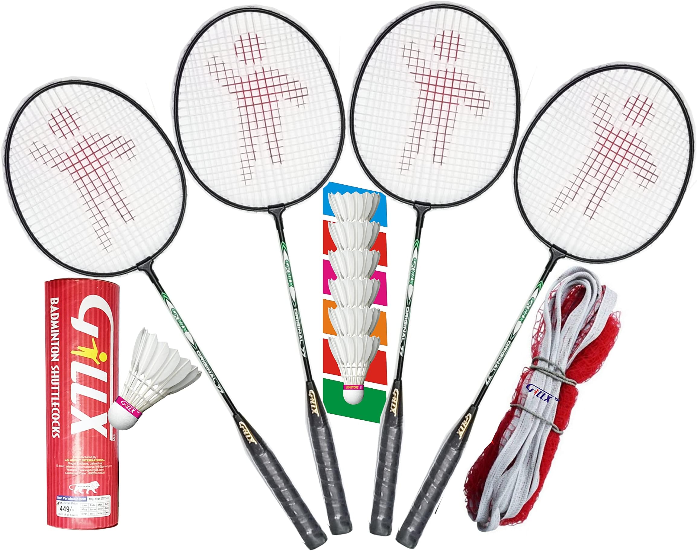 Badminton Rackets 4 Piece 6 Piece Feather Shuttle with Badminton NET Two Side Covered Patti Up & Down