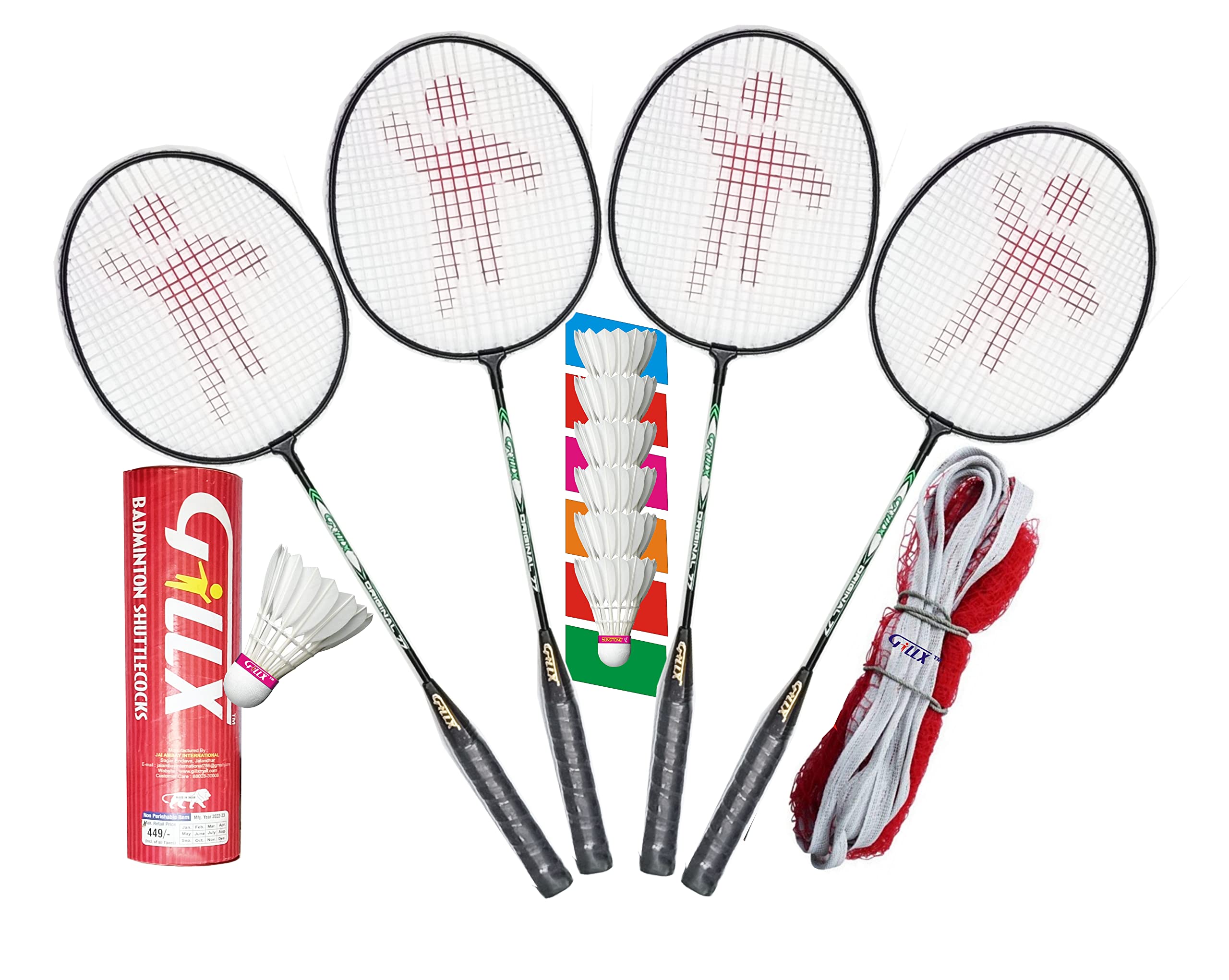Badminton Rackets 4 Piece 6 Piece Feather Shuttle with Badminton NET Two Side Covered Patti Up & Down