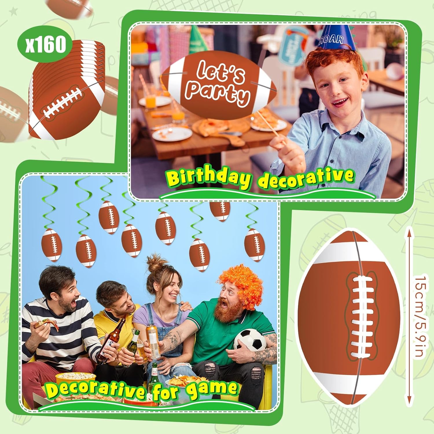 Resurhang 160 Pcs Football Cutouts with Adhesive Dots, Sports Party Sticker