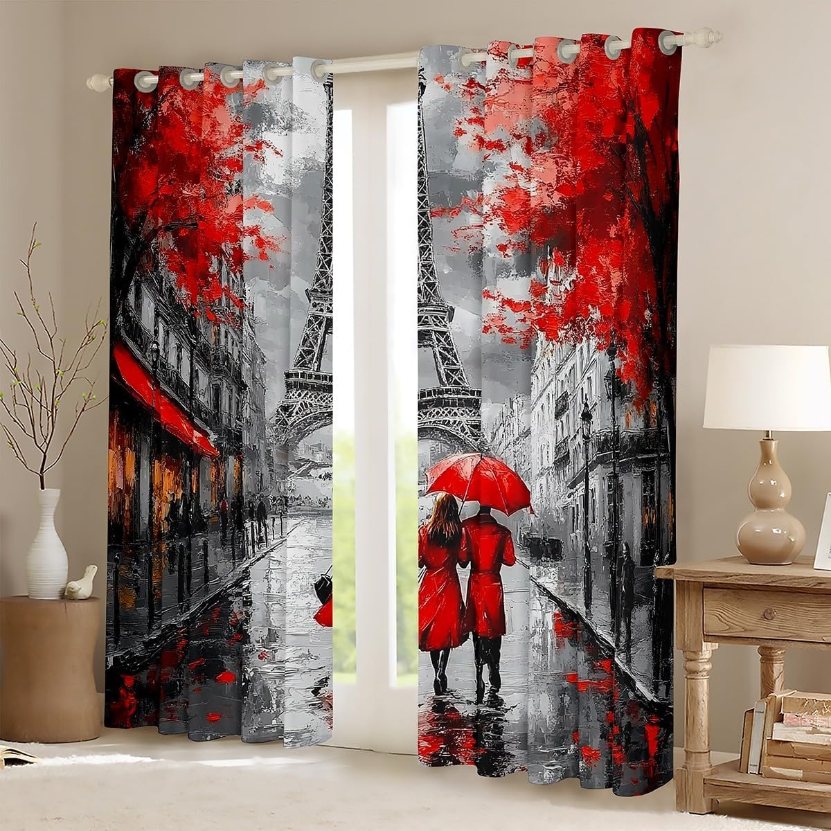 Paris Eiffel Tower Window Curtains For Paris Room Decor, Retro French Citysapce Window Drapes Oil Painting Window Treatments, Paris Gifts For Women Teen Girls, Red, Black, Romantic 42"x84",2 Panels