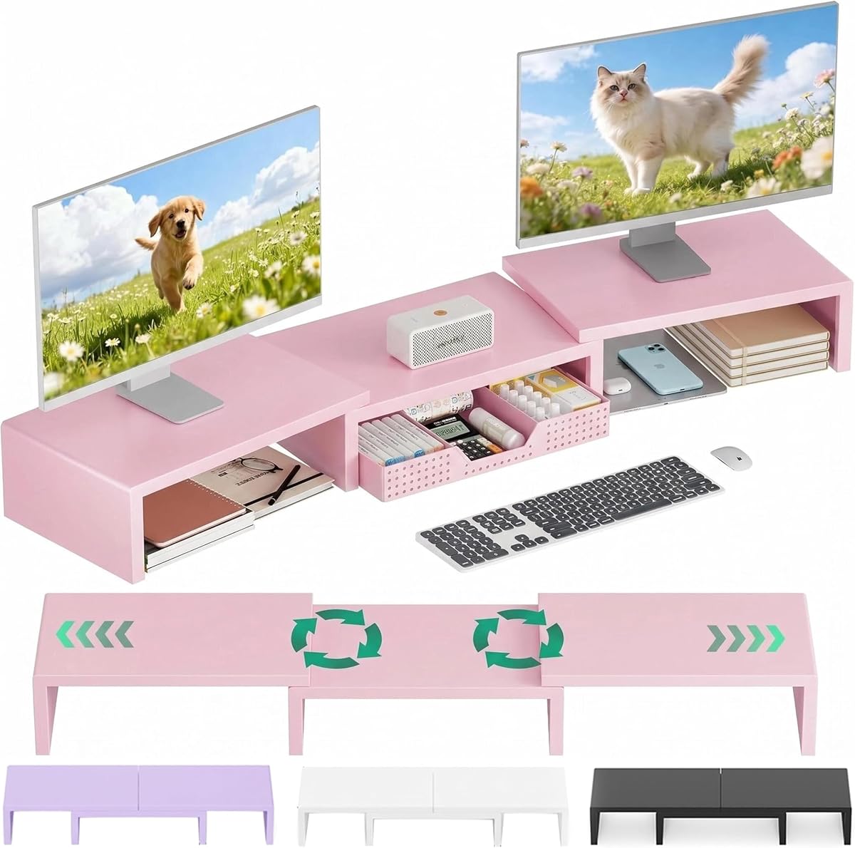 Soporte elevador para monitor de computadora doble, organizador de escritorio con cajón, accesorios de escritorio de oficina y organizadores de espacio de trabajo para suministros de oficina en el hogar, rosa