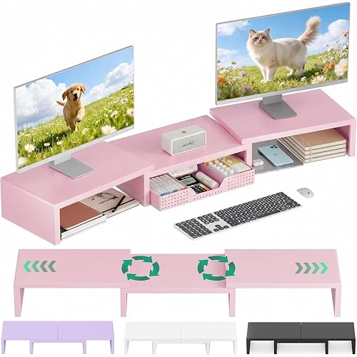 OPNICE Dual Computer Monitor Stand Riser, Desk Organizer with Drawer, Office Desk Accessories & Workspace Organizers for Home Office Supplies, Pink