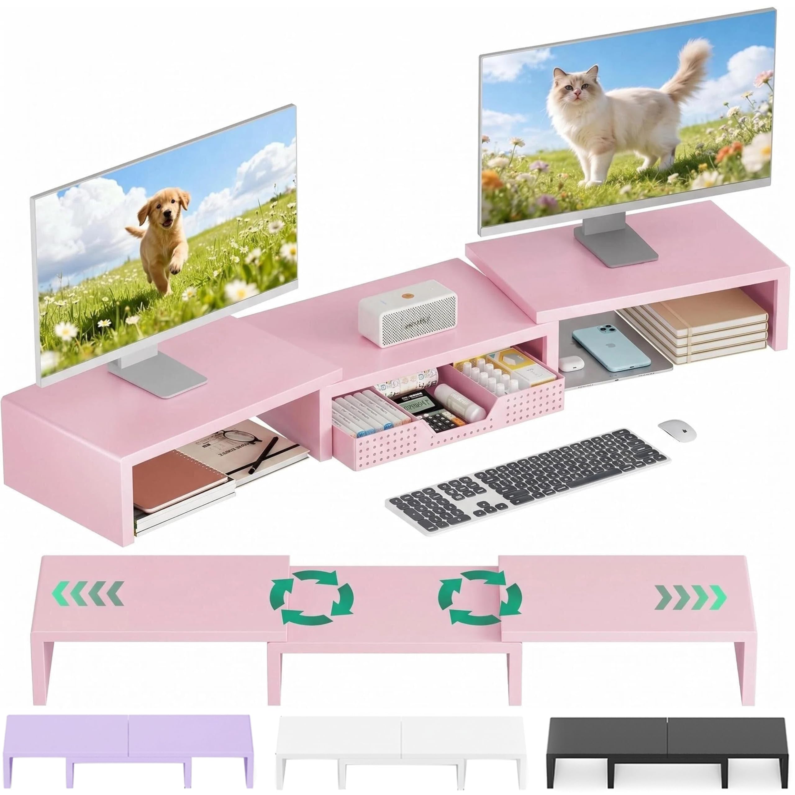 Dual Monitor Stand Riser with Drawer, Pink