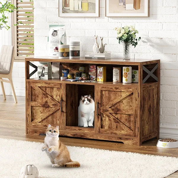 Halitaa Cat Litter Box Enclosure for 2 Cats, 47" Double Hidden Litter Box Furniture with Scratch Pad, Farmhouse Indoor Litter Box Cabinet Cat Washroom, Rustic Brown