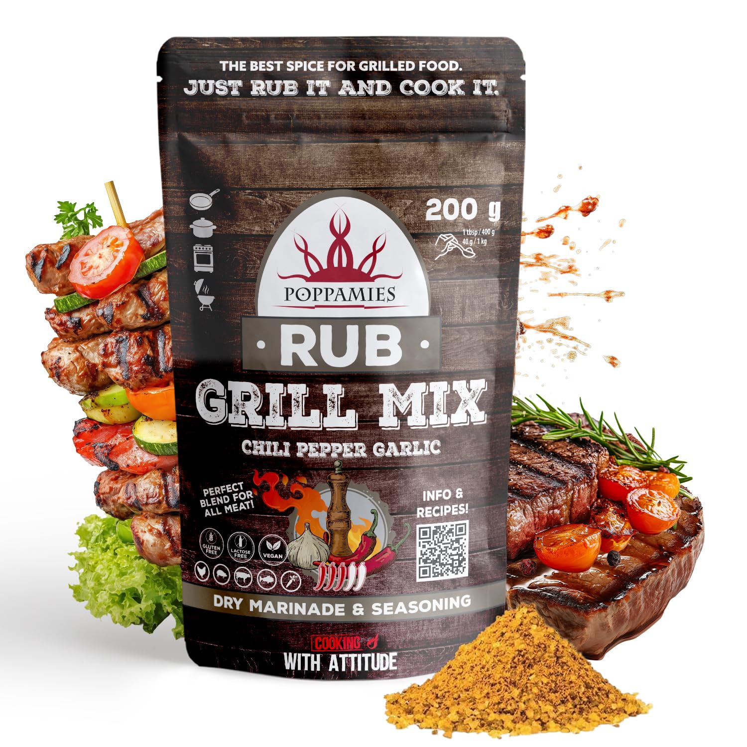 Poppamies Grill Mix BBQ Rub, Dry Chili Pepper Garlic Marinade & BBQ Seasoning Perfect for Fish, Vegies, Chicken, Pork, Beef - Great in The Grill, Barbecue, Oven, Boiler and Pan - Large Pack (200g)