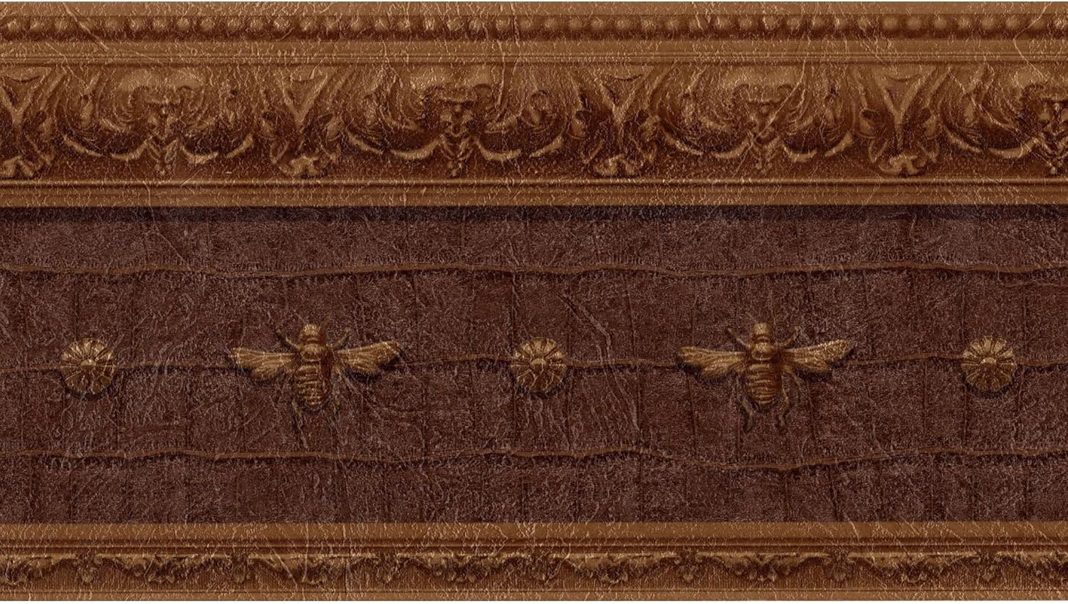 TRIMZ Wallpaper Border – Vintage Bee & Laurel Motif on Distressed Leather Look in Dark Brown, Decorative Scroll Moulding for Library, Study and Bedroom, Pre-Pasted, 15 ft x 6.9 in