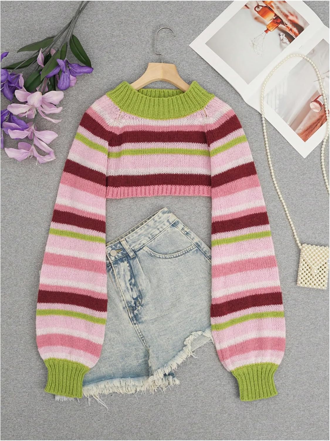 OYOANGLE Women's Color Block Loose Striped Chunky Knit Sweater Crew Neck Lantern Sleeve Knit Cropped Sweaters - Image 4