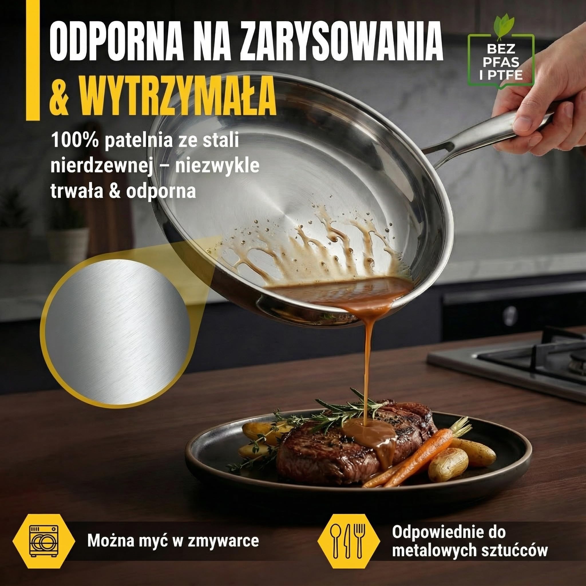 Patelnia ze stali nierdzewnej 28 cm, bez powłoki | 5 warstw - 3 mm - 1,35 kg | Patelnia ze stali nierdzewnej 18/10 do indukcji | Można myć w zmywarce i używać w piekarniku do 400°C