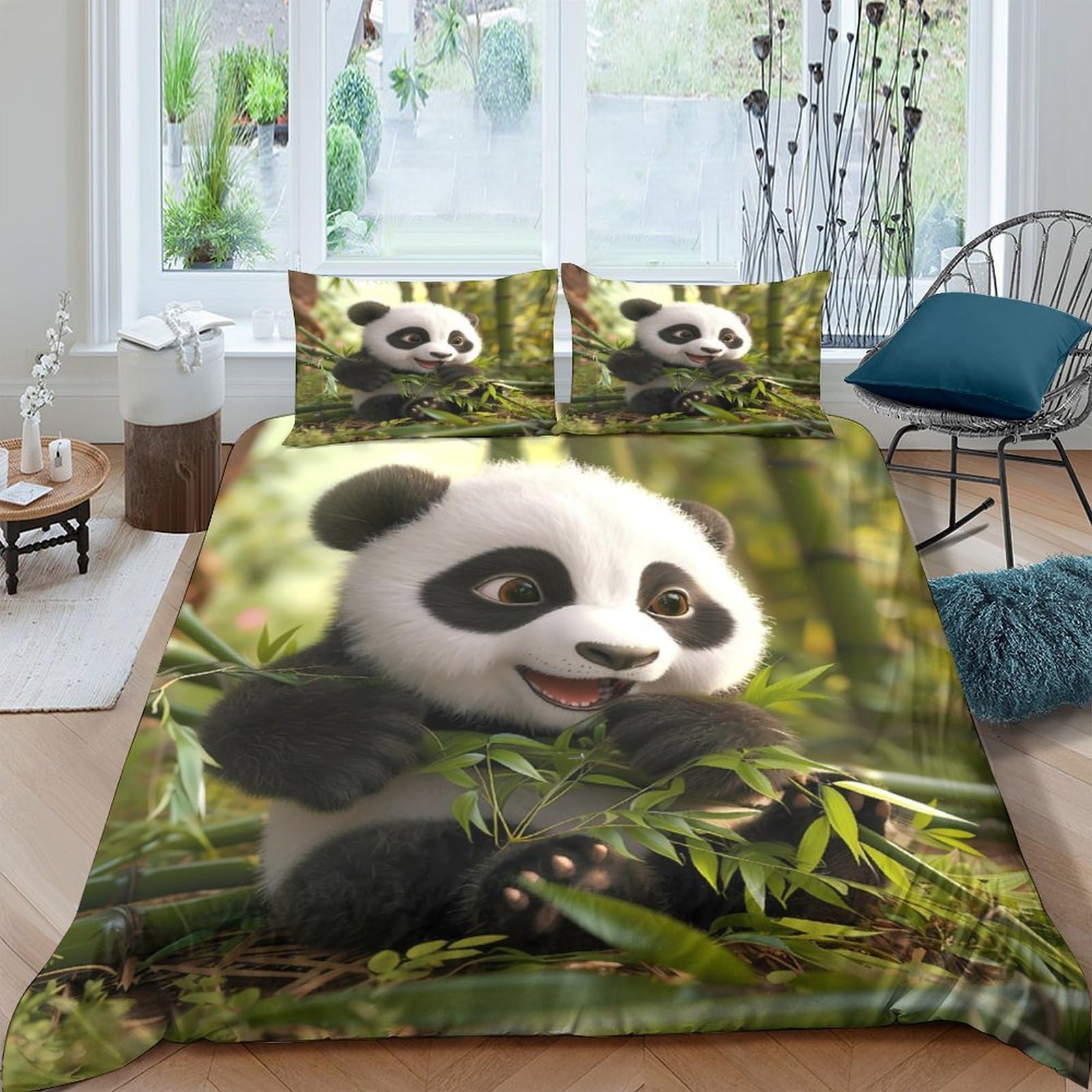 GPLZQXKJNH 3D Printed Cute Panda Bamboo Duvet Cover Microfiber Soft Breathable Forest Bedding Set with 2 Pillowcases for Bedroom Decor Single（135x200cm）