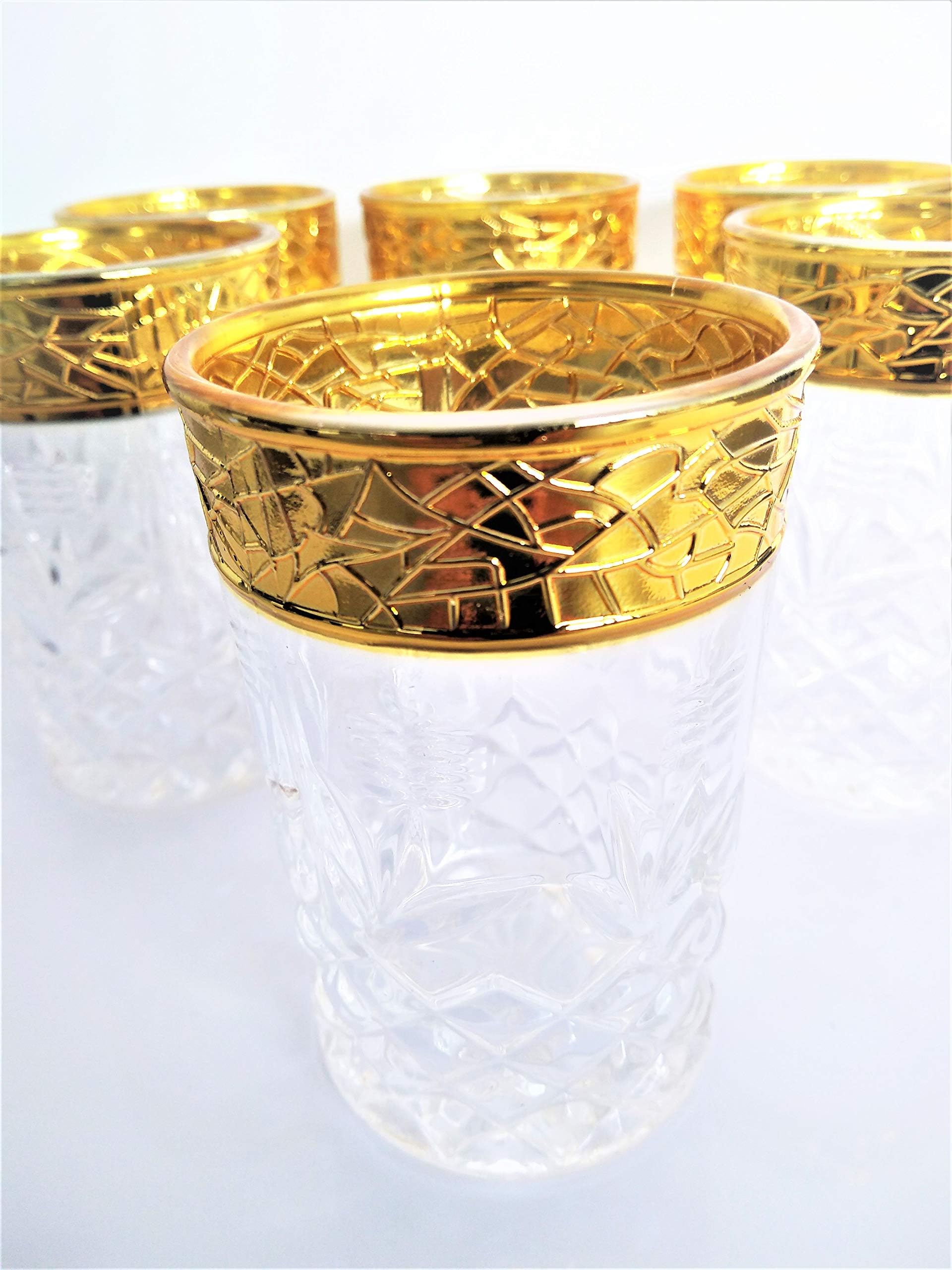 Set of 6 Moroccan Glasses with Gold Edge and Deep Relief