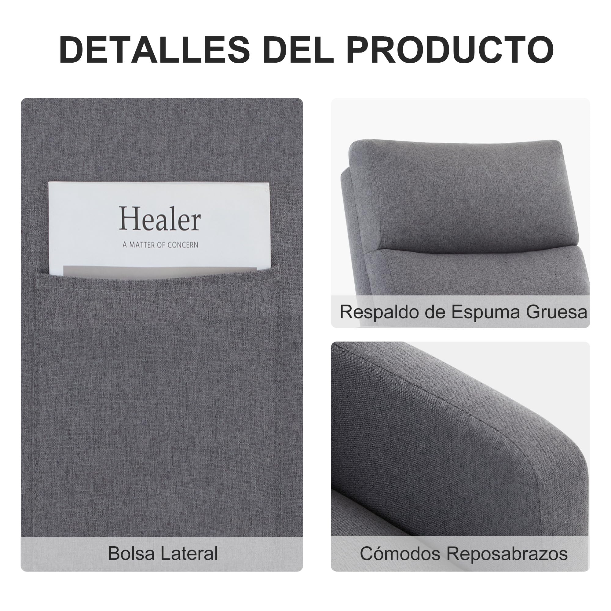 Silla Mecedora de Lactancia Lino, Respaldo Alto, Bolsillos Laterales, Patas de Madera (Gris Carbón)