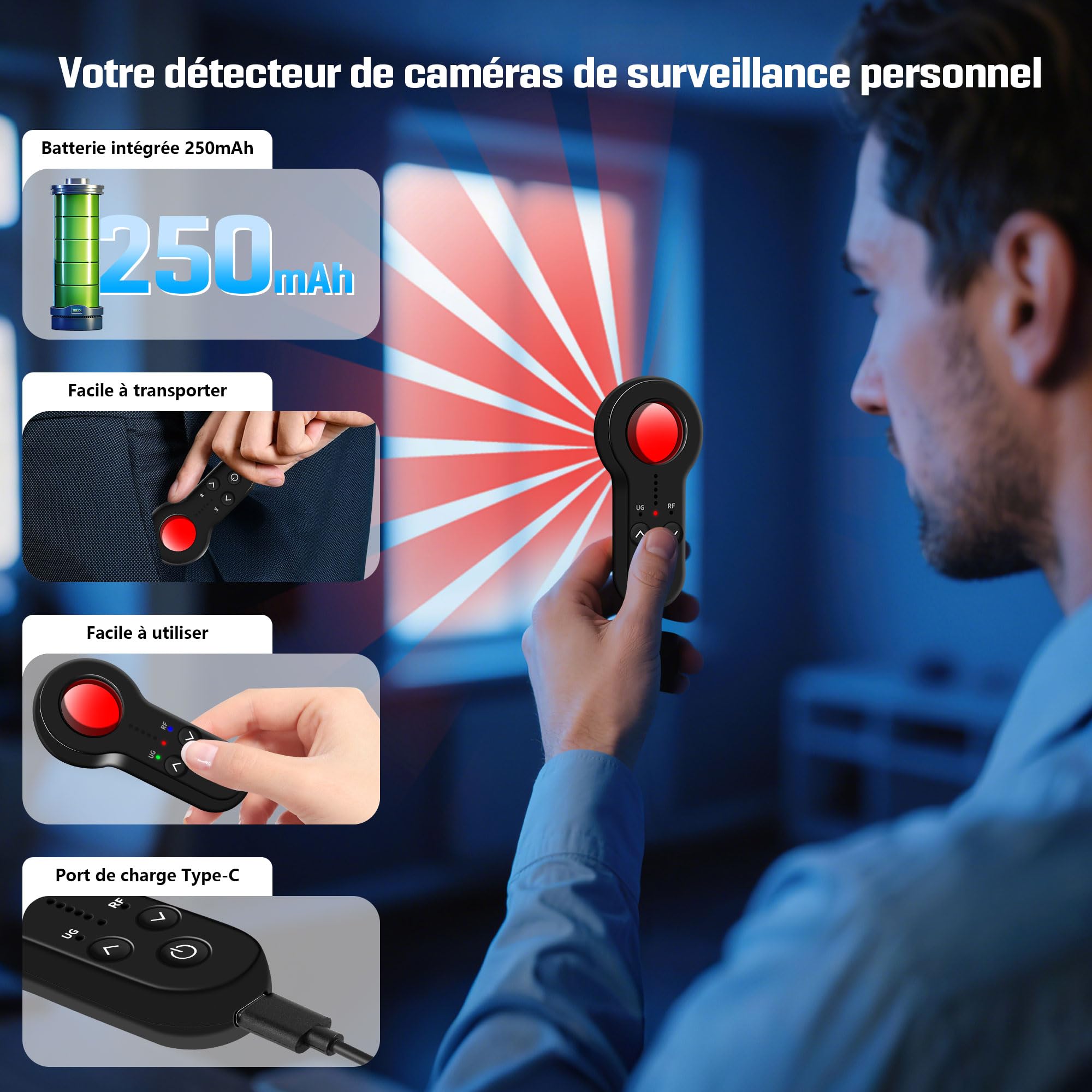 Détecteur de Caméra Cachée, Micro Espion Détecteur, Detecteur de Camera, 5 Niveaux de Sensibilité, Détecteur d'Écoute Anti-espionnage pour Hôtel, Maison, Voiture, Bureau, Voyage