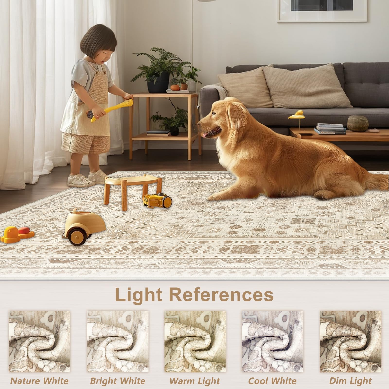 Capslpad Washable Rugs Living Room 240x340cm Distressed Vintage Area Rugs Non-Slip Traditional Oriental Bedroom Carpet Low Pile Thin Floor Mat Rug for Dining Room Kitchen Office Decor Beige - Image 5