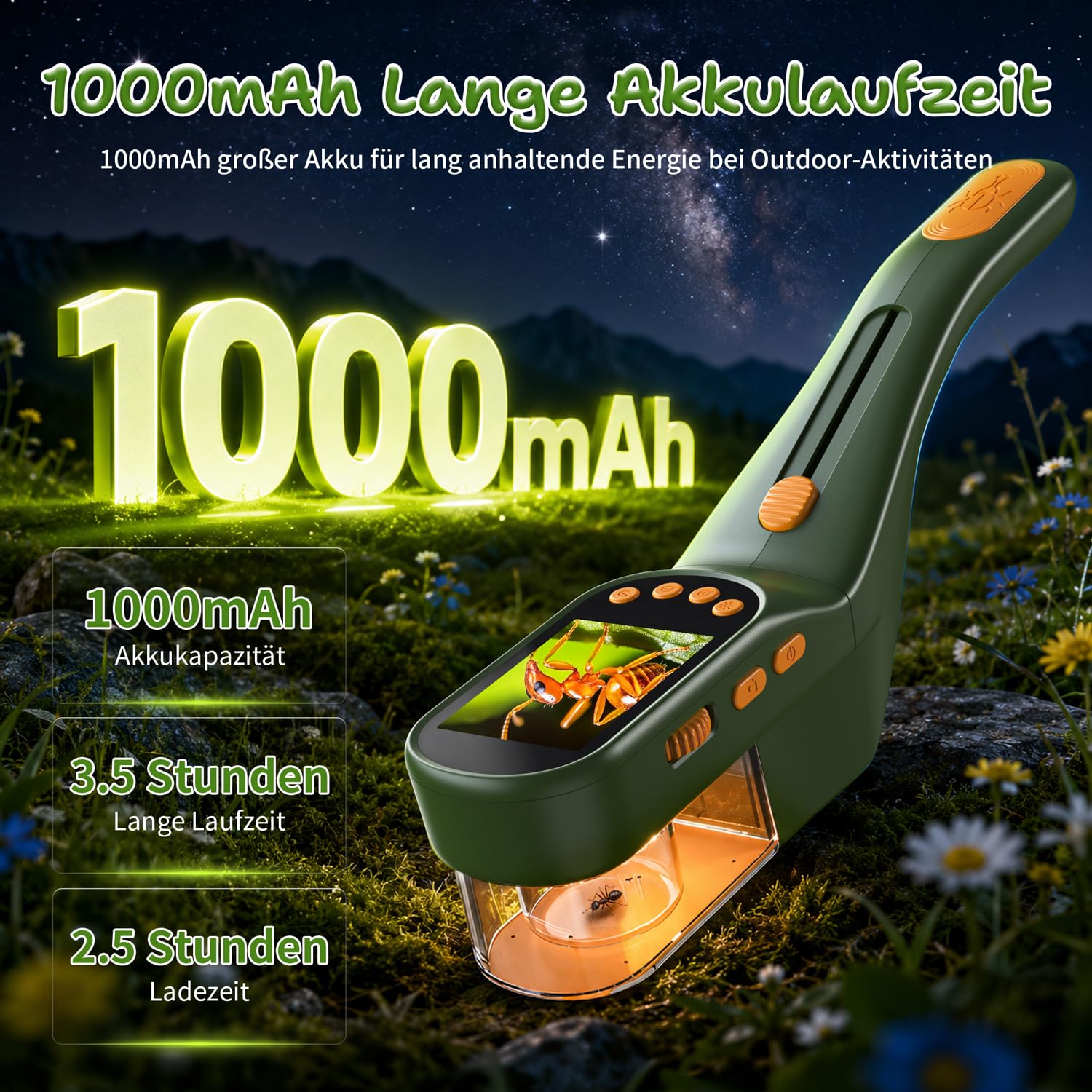 3-in-1 Insektenfänger Kinder, Mikroskop 500X IPS 2,4" 1080P STEM | 4 Helligkeitsstufen, 1000-mAh-Akku, Foto & Video, Outdoor-Forschungsspielzeug, Geschenk für Kinder ab 3 Jahren