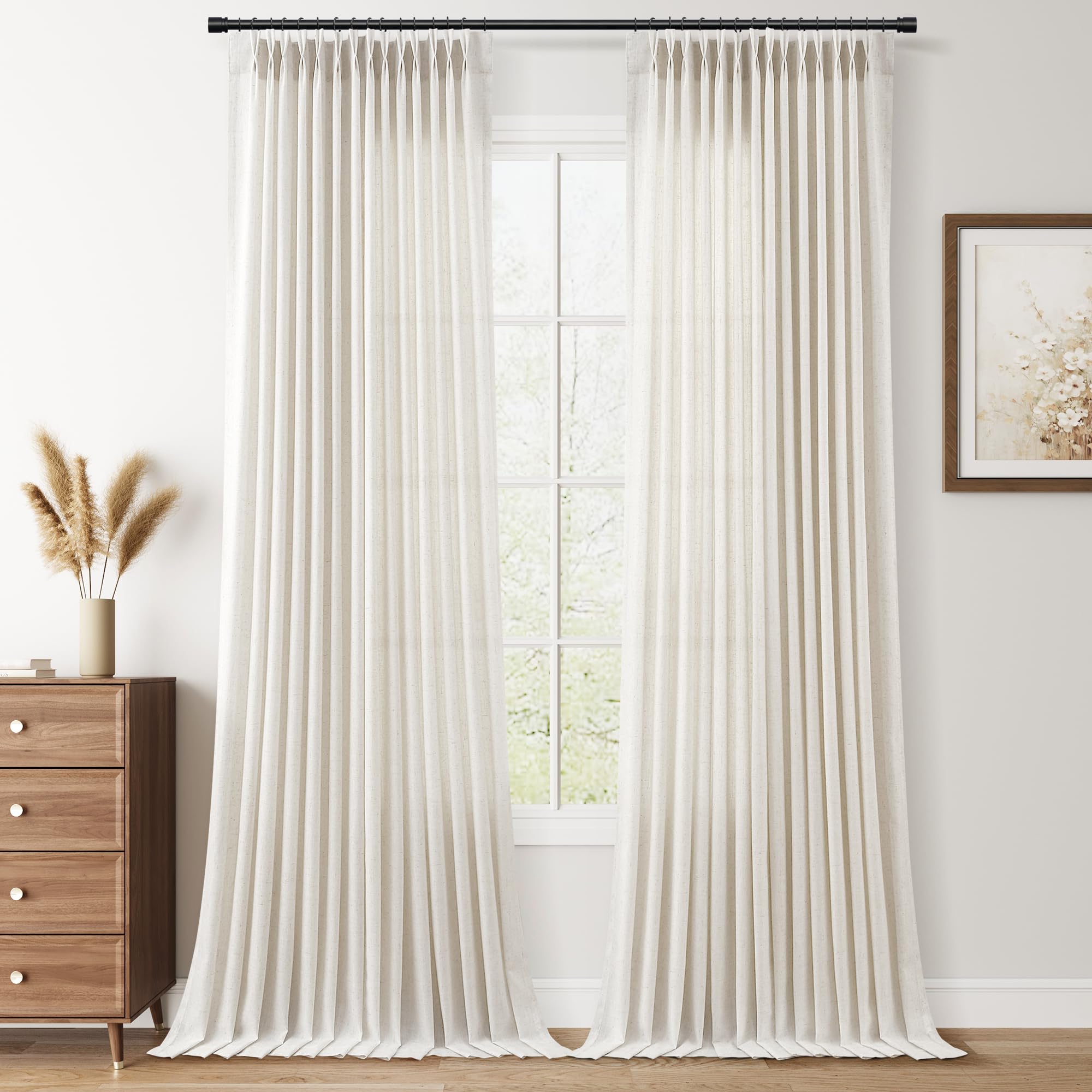 Photo 1 of [Item is Similar] Nanspring 102 Inch Extra Long High Ceiling to Floor Linen Curtains Pinch Pleated - Semi Sheer Light Filtering Drapes for Living Room Bedroom, Natural Cream Farmhouse, 2 Panels with Clip Rings 40x102