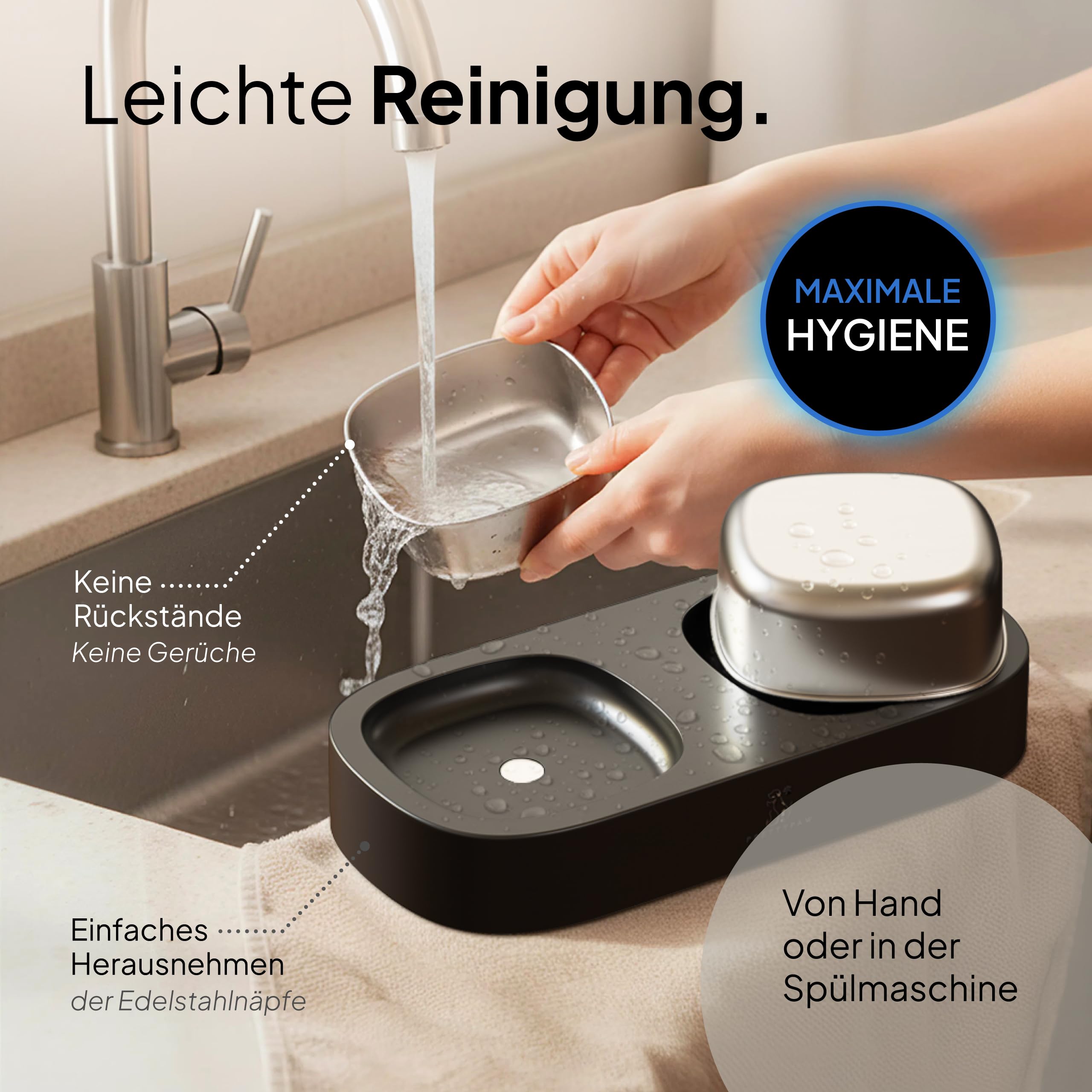 Pretty Paw Erhöhter Katzennapf – Doppel-Futternapf mit Rutschfester Plattform & Edelstahl-Schalen für ergonomisches Fressen (Schwarz)