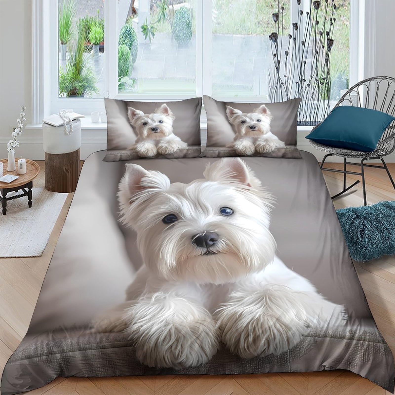 Ctjqhvkz Style-7 3D Printed Westie Dog Fitted Sheet Microfiber Soft Grey Animal Pattern Bed Cover Bedroom Decor Mattress Protector Single（135X200cm）