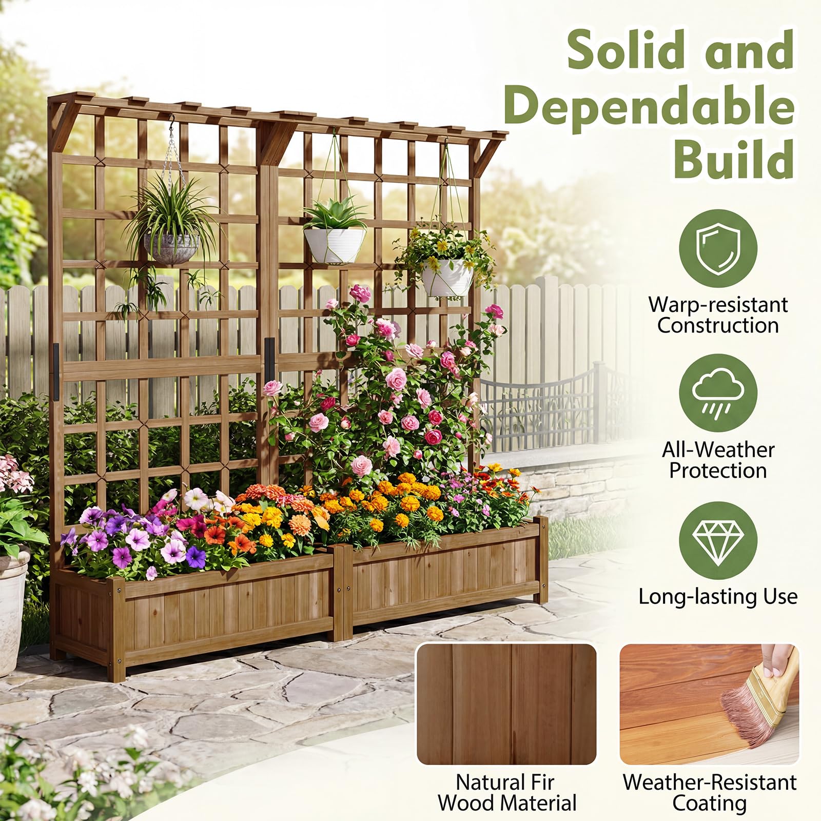 HOMASIS 3 en 1 Lit de Jardin Surélevé en Bois avec Treillis, Jardinière d’Extérieur avec Trous de Drainage et Bac à Plantes, pour Plantes Grimpantes, Légumes, Fleurs, 180 x 48 x 183 cm (Marron)