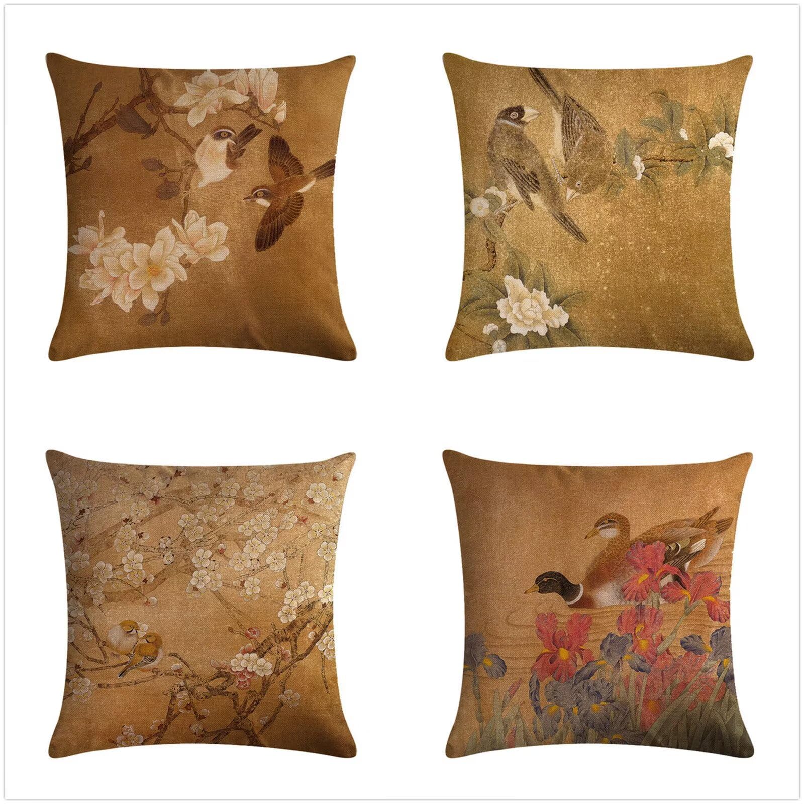 Juego de 4 Impermeable Funda de Cojín Flores de pájaro retro,65x65cm Moderno Suave Transpirables Lino Fundas de Almohada Cojines Decorativos con Cremallera Oculta para Exterior Sofá Cama Coche Hogar
