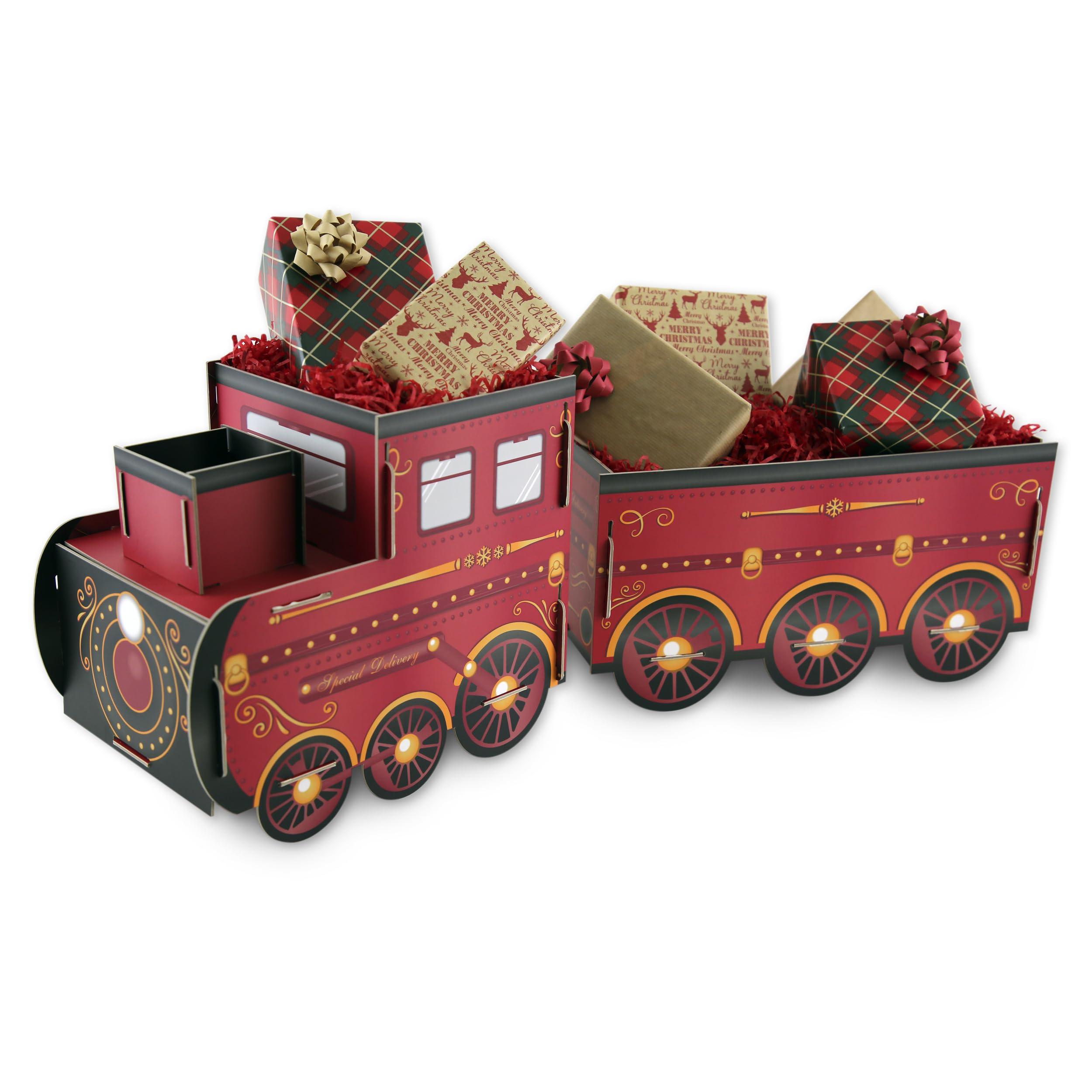 Eurowrap Train – Large 74cm Festive Red Gift Holder & Decorative Display – Sturdy 1200gsm Cardboard Train with Carriage – Easy Assembly Holiday Decoration