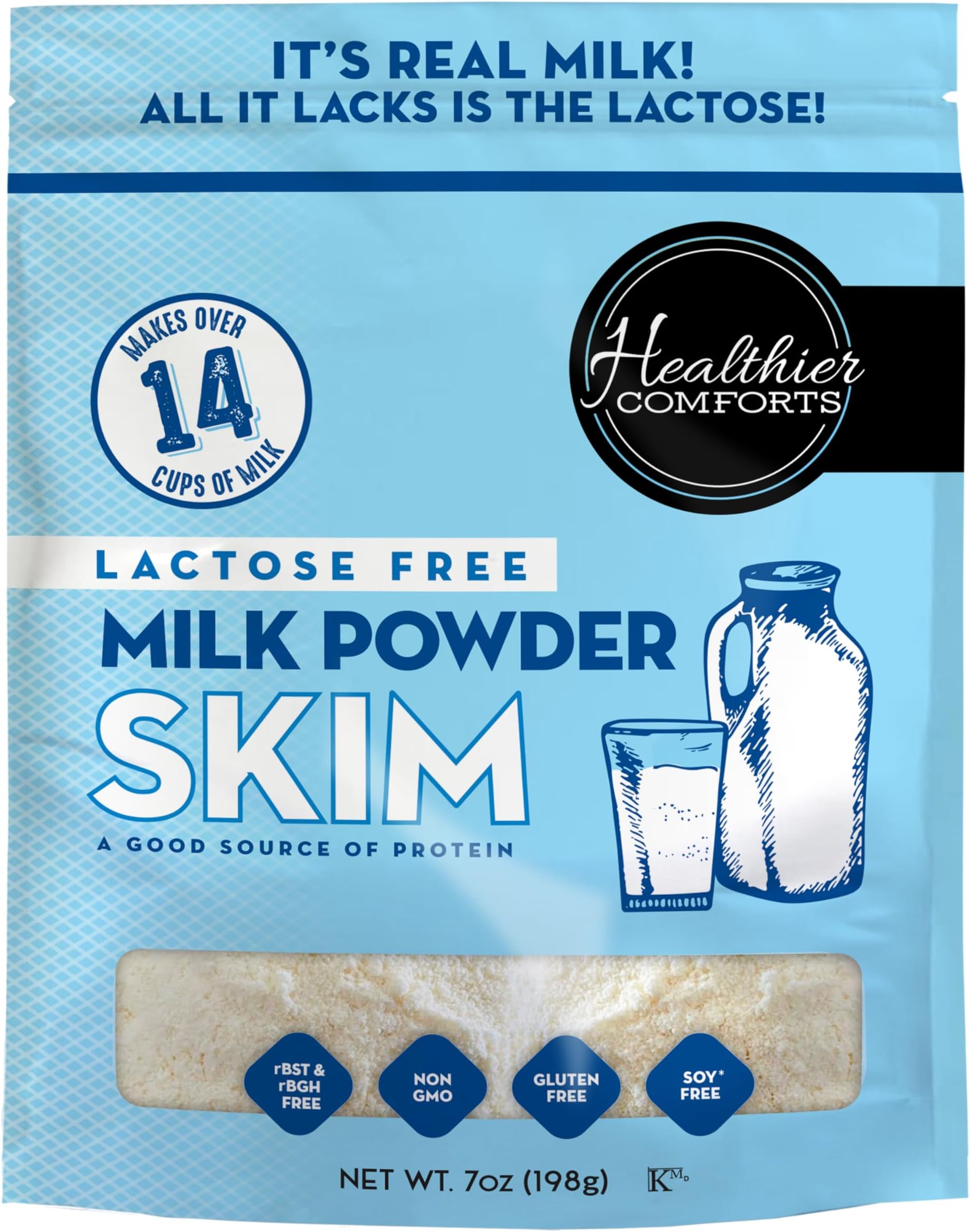 Healthier Comforts Lactose Free Skim Milk Powder | High Protein, Fat Free, Non-GMO, rBST Hormone Free, Kosher, Gluten Free, No Fillers | Baking, Coffee Creamer, Shakes| Makes 14 cups (7 oz) (7 oz)