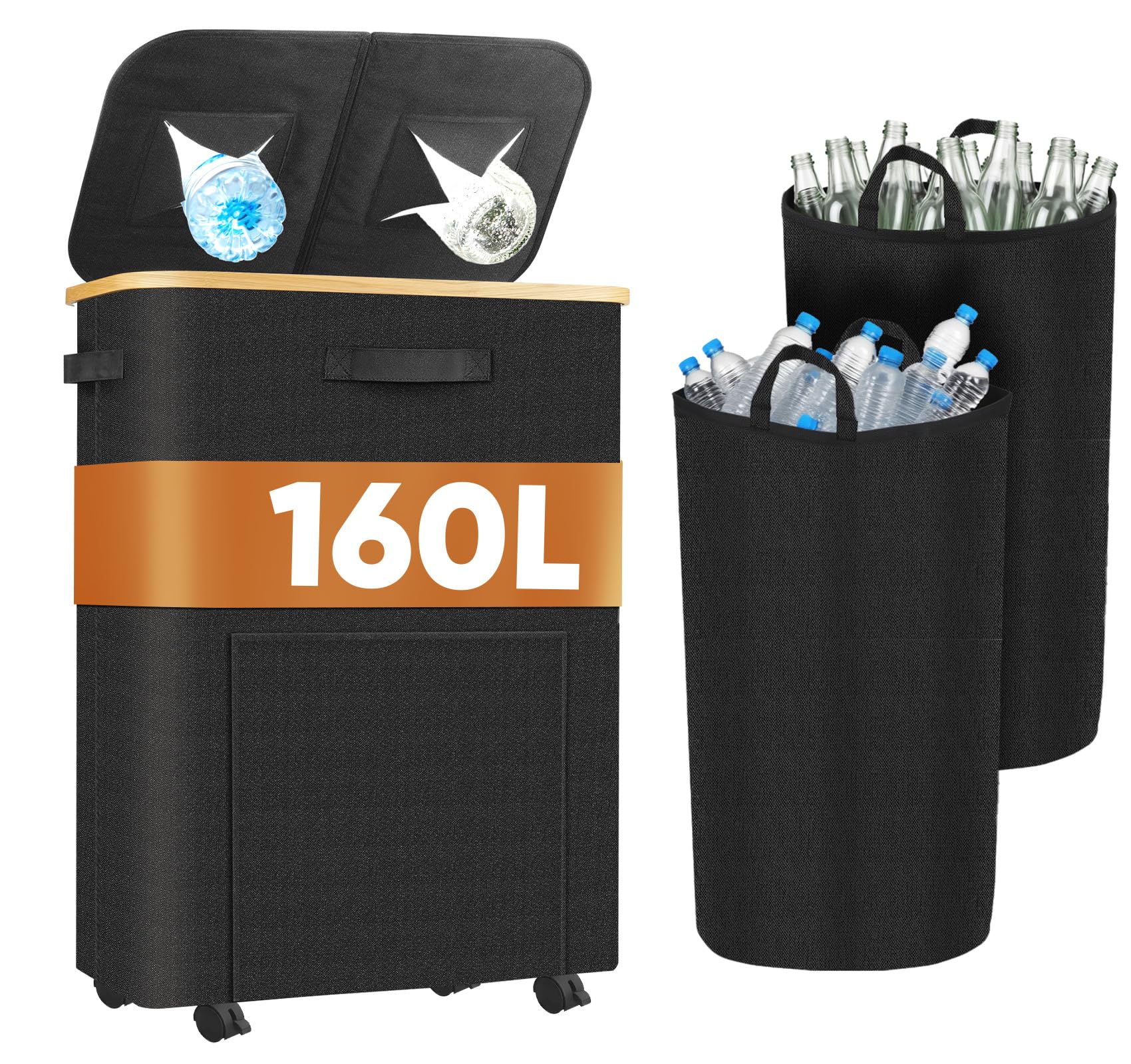 2 Set 160L Leergut Sammelbehälter mit 2 Fächer, Pfandflaschen Sammelbehälter mit Rollen, Pfandbehälter mit Deckel, Flaschensammler Leergut, Klappbar Pfandsammler Organizer Platzsparend