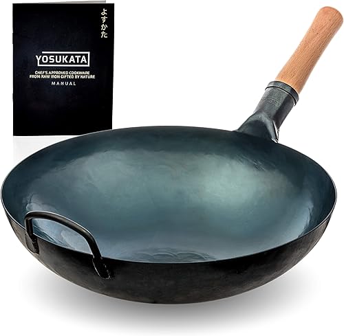 YOSUKATA - Wok tradicional tipo pow de fondo redondo azul de 14 pulgadas, forjado de acero al carbón (para cocina tradicional china y japonesa)