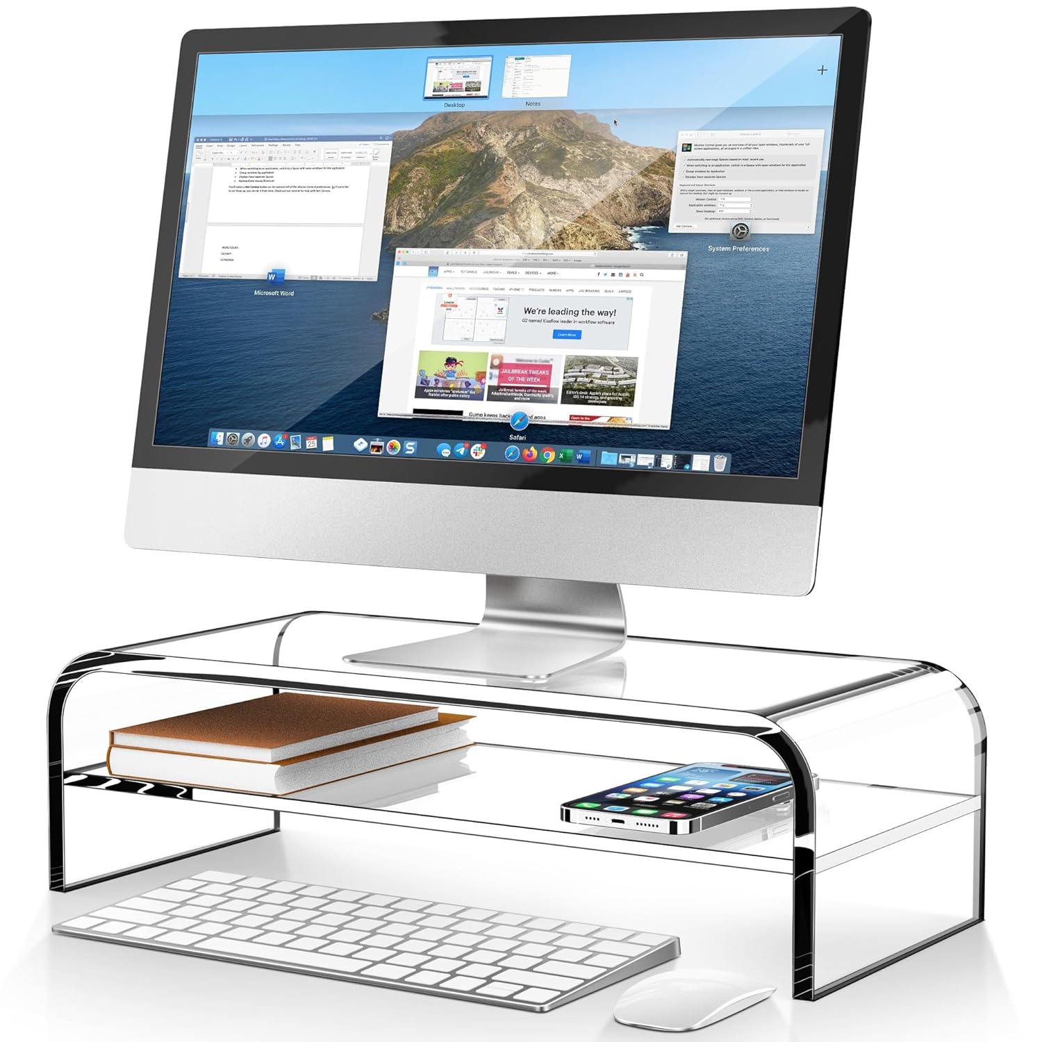 AboveTEK 2-Tier Acrylic Monitor Stand Computer Riser for Home Office Clear Monitor Riser for Keyboard Storage 18 9