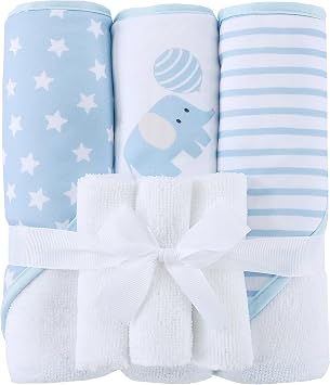 Viviland 6 Pcs Hooded Baby Towels and Washcloths Set, Super Gentle Bath Towels for Newborn Face & Body, Absorbent Wash Cloth for Infants Boys, Blue-Elephant Pattern, 28 x 28 inch