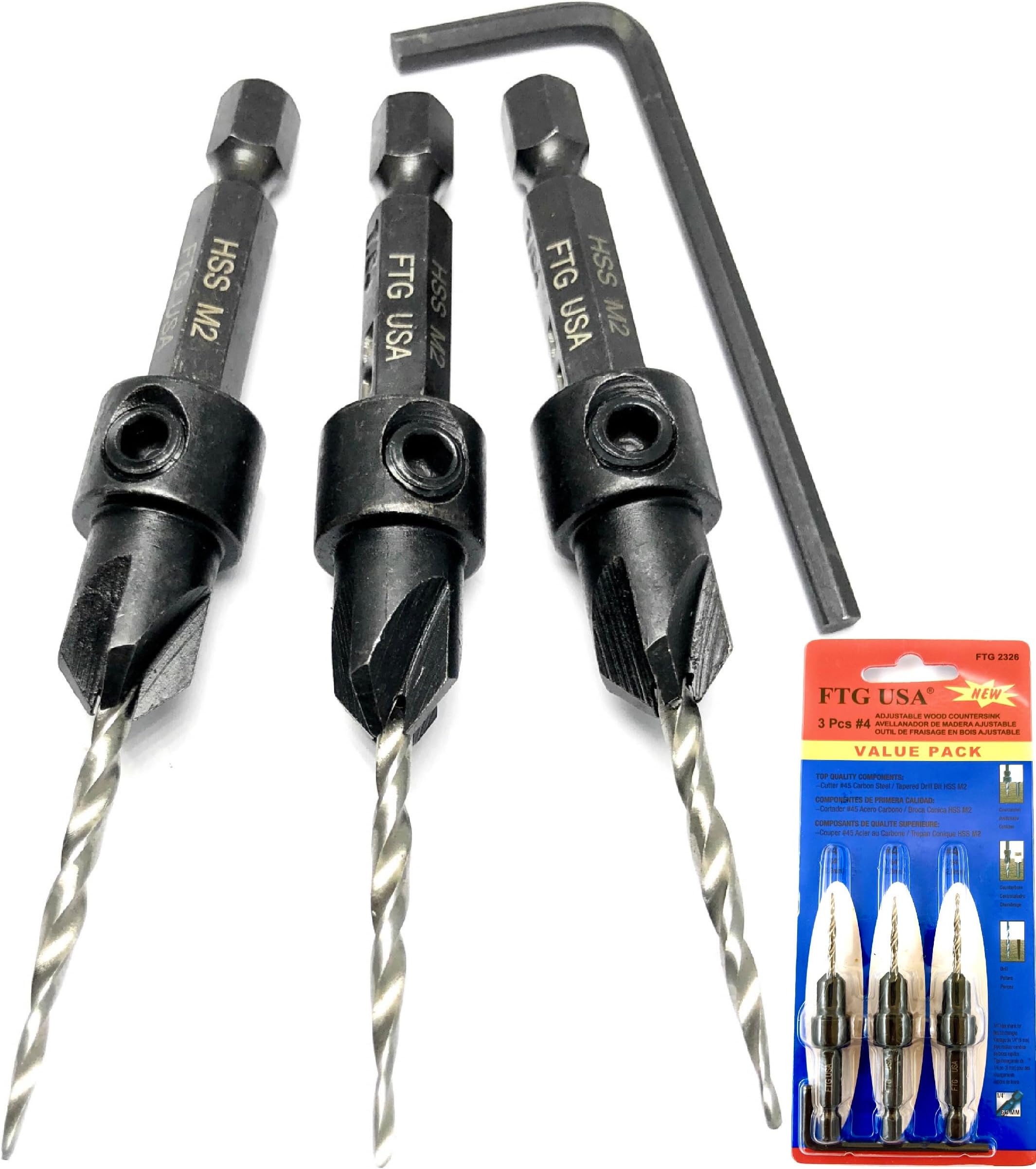 FTG USA Adjustable Wood Countersink Drill Bit Set 3 Pc #4 (7/64")