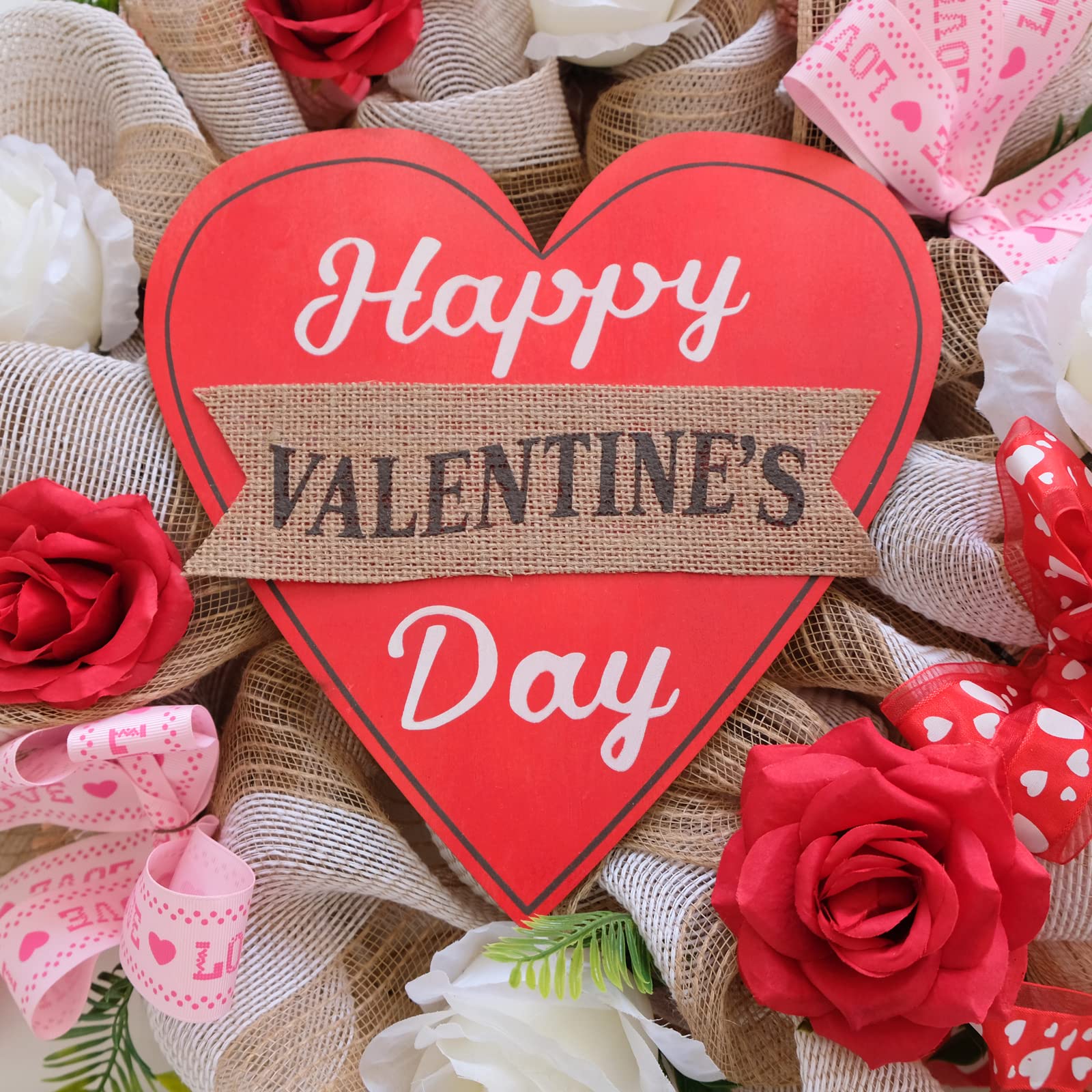 Egolot 16 Inch Valentine's Day Decorative Wreath - Red and White Roses, Heart Ribbon, Burlap Mesh for Front Door