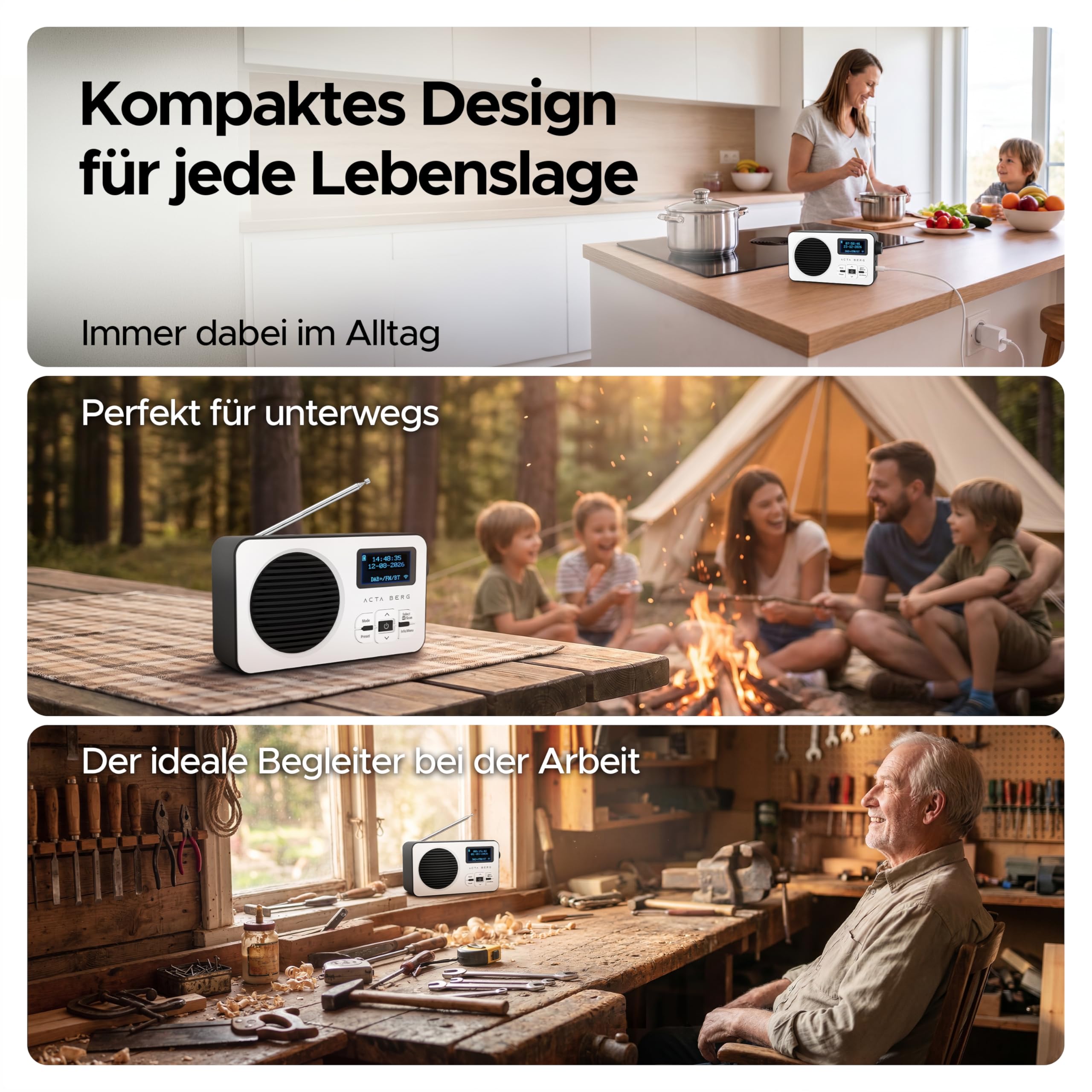 Acta Berg DAB Radio mit Akku 5000 mAh austauschbar & BT 5.3 (Weiß/Schwarz) | DAB+/UKW-Radio, Akku austauschbar + Netzstecker, 80 Senderspeicher, USB-C, tragbares Digitalradio, mit Wecker & Timer