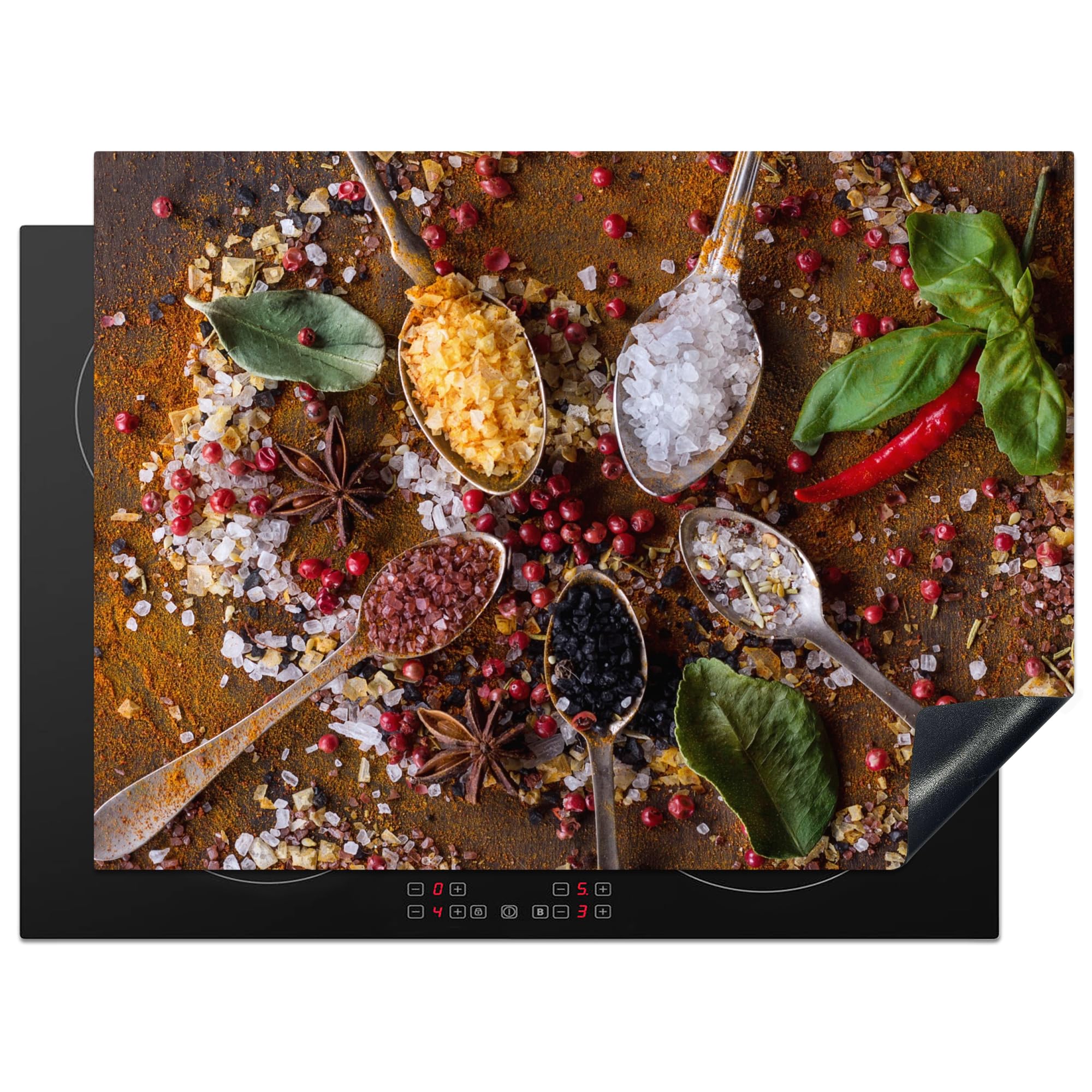KitchenYeah© Induction Hob Cover Protector Mat 20.5"x27.6" / 70x52 cm Kitchen Universal Ceramic Covers for Electric Cookers Vinyl Spices - Herbs - Spoons - Salt - Brown - Kitchen