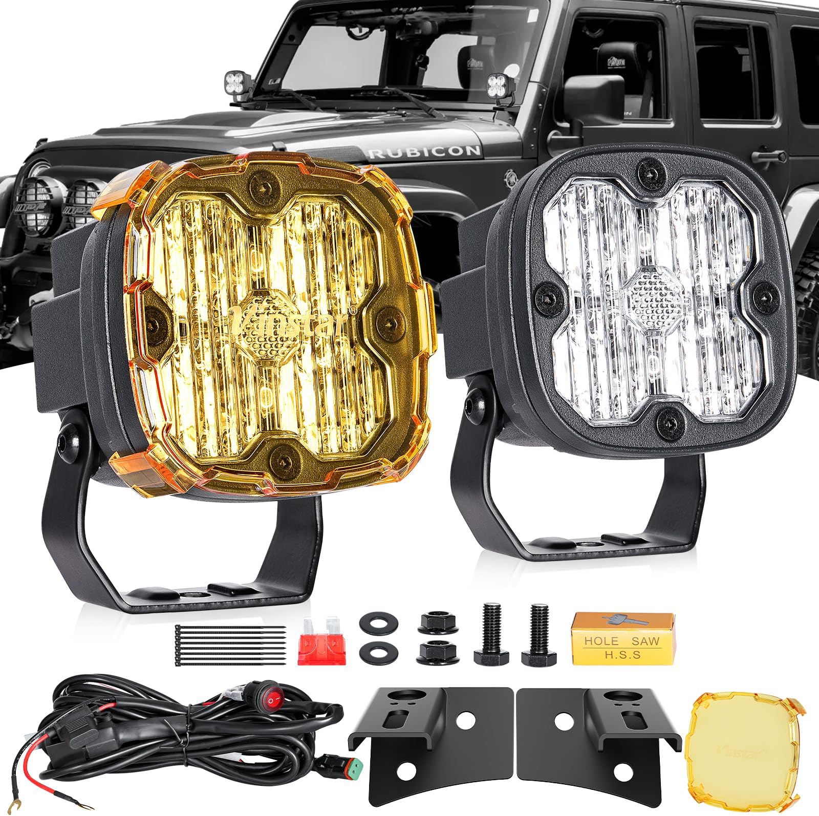 3 Inch LED Ditch Lights for 2007-2017 Wrangler JK JKU, with A-Pillar Brackets Wiring Harness Combo Kits, 40W Spot Flood Offroad LED Lights Bar Pods White Yellow Lihgt, Pair